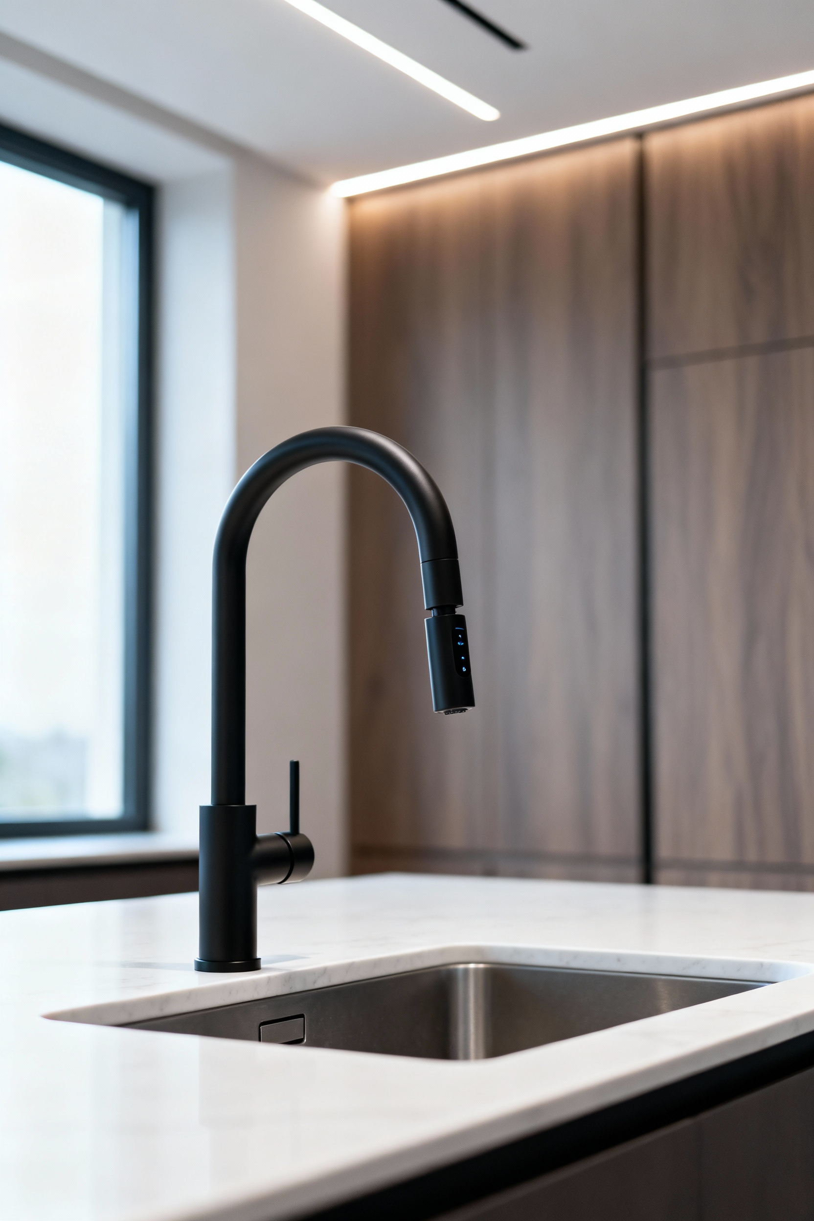 Sleek matte black smart faucet with touchless activation and digital temperature display in a modern minimalist kitchen with white quartz countertops and a deep undermount sink, under soft natural light.