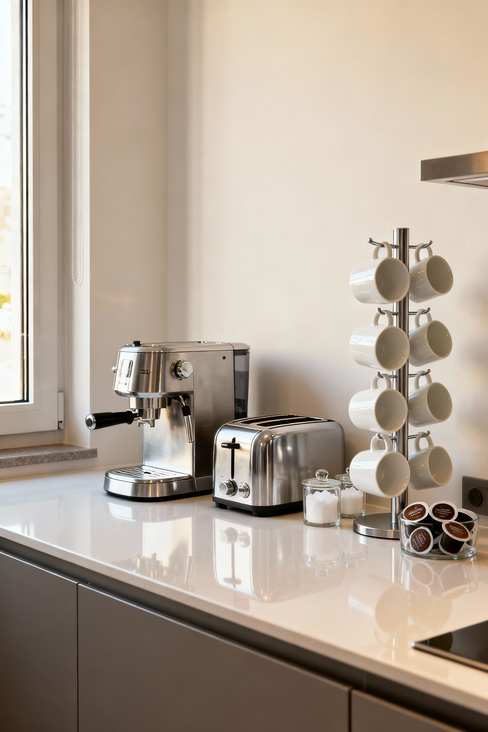Organized kitchen countertop featuring a dedicated beverage appliance zone with coffee maker, toaster, and mugs on a multi-tiered shelf, demonstrating streamlined kitchen appliance clusters.