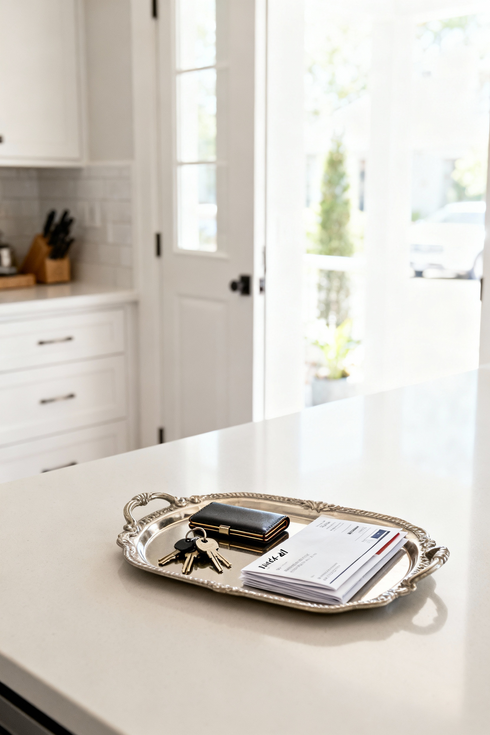A beautifully organized kitchen drop zone featuring a small decorative tray on a sleek countertop, neatly holding keys, a wallet, and a small pile of mail, demonstrating effective countertop clutter containment near a kitchen entrance.