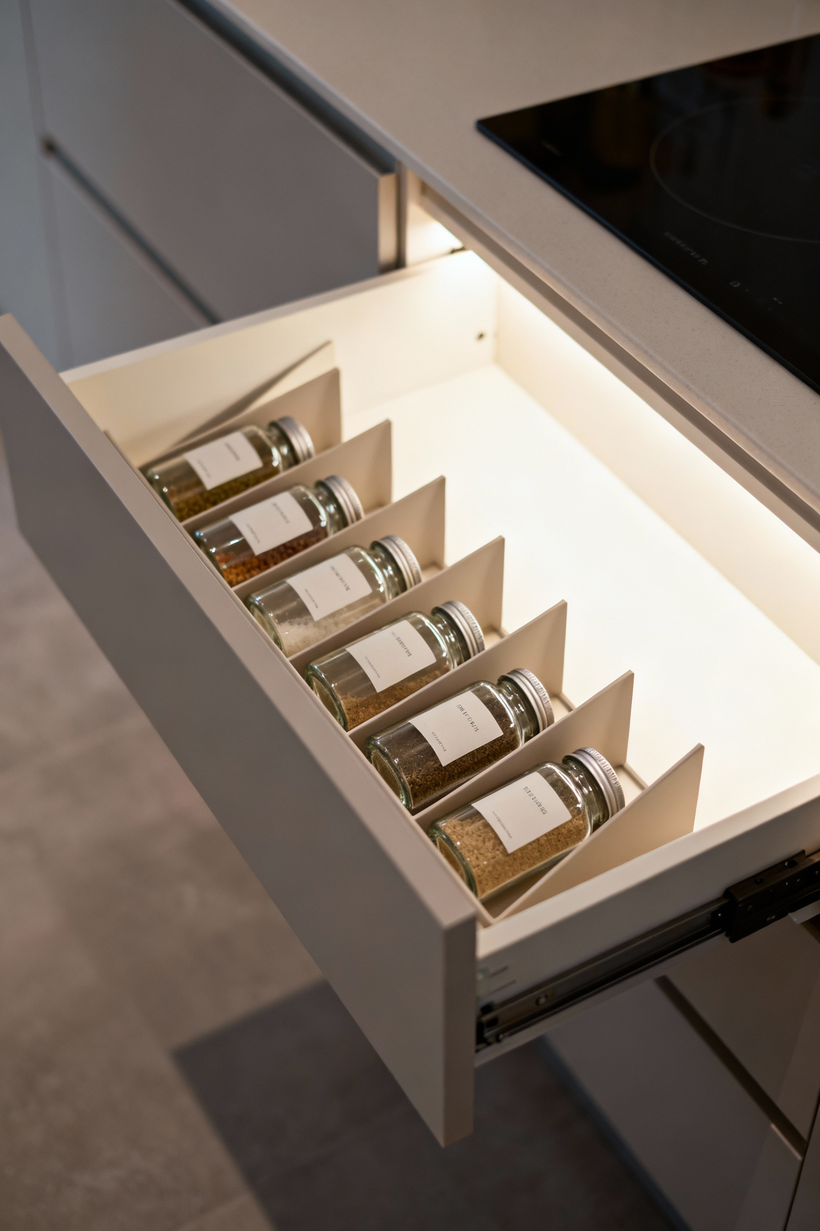 A beautifully organized kitchen drawer featuring custom angled spice rack inserts, filled with uniform, clearly labeled spice jars for easy access and efficient spice organization.