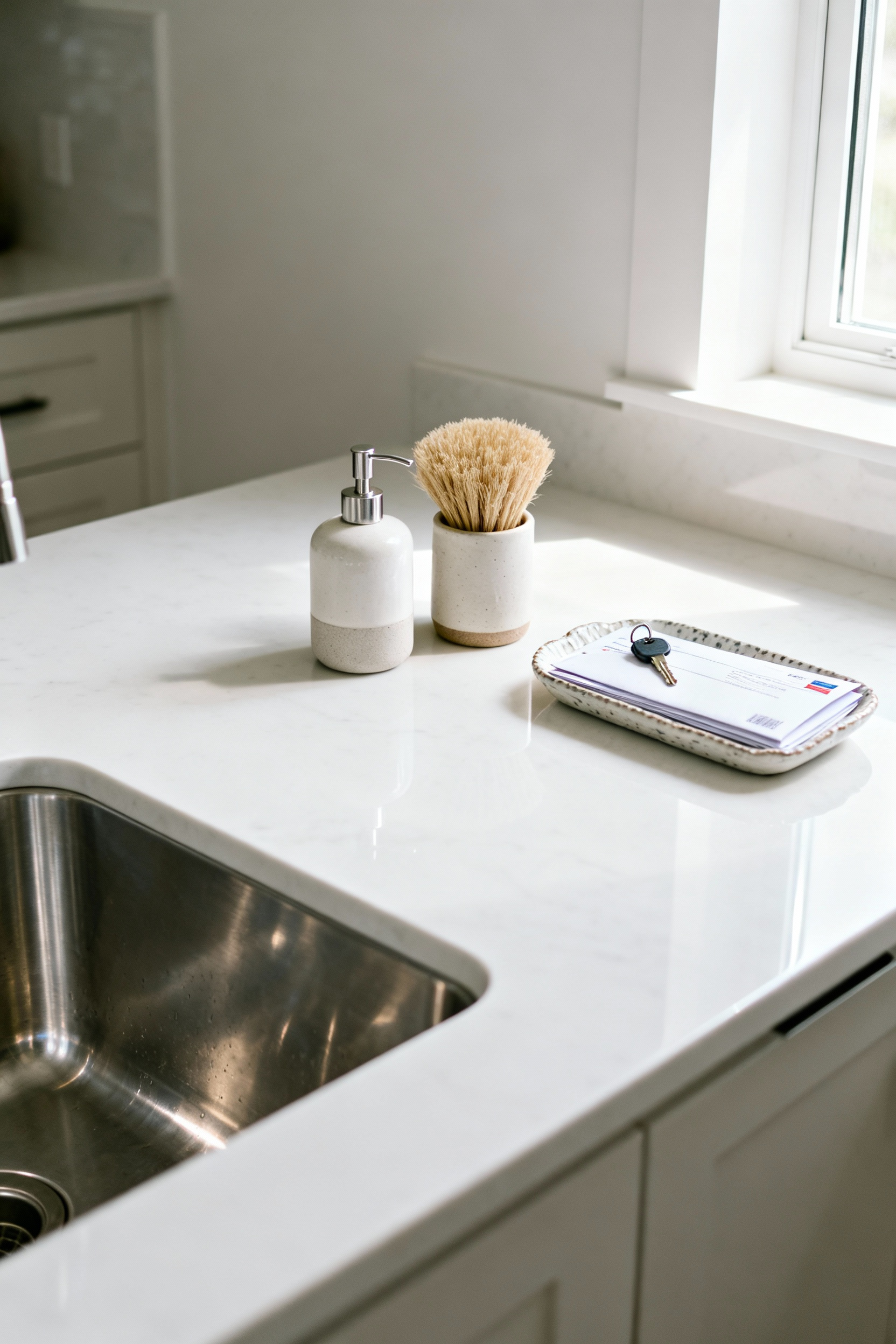 A sparkling clean kitchen countertop and sink, showing a perfectly organized space with a few simple, daily use items, indicative of a consistent micro-tidying routine.