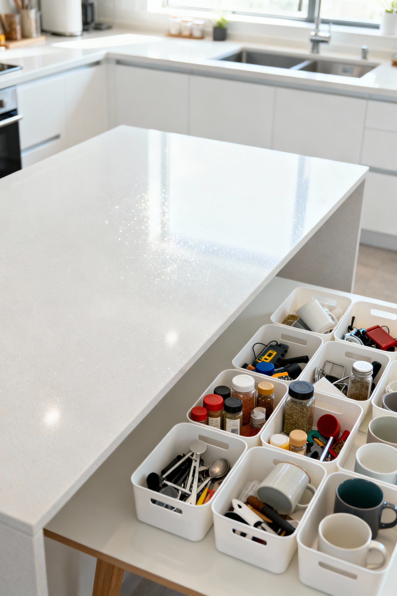 A brightly lit, clean kitchen countertop after everything has been removed, with groups of categorized kitchen items (spices, utensils, small appliances) neatly sorted in bins on an adjacent surface for a comprehensive decluttering purge.