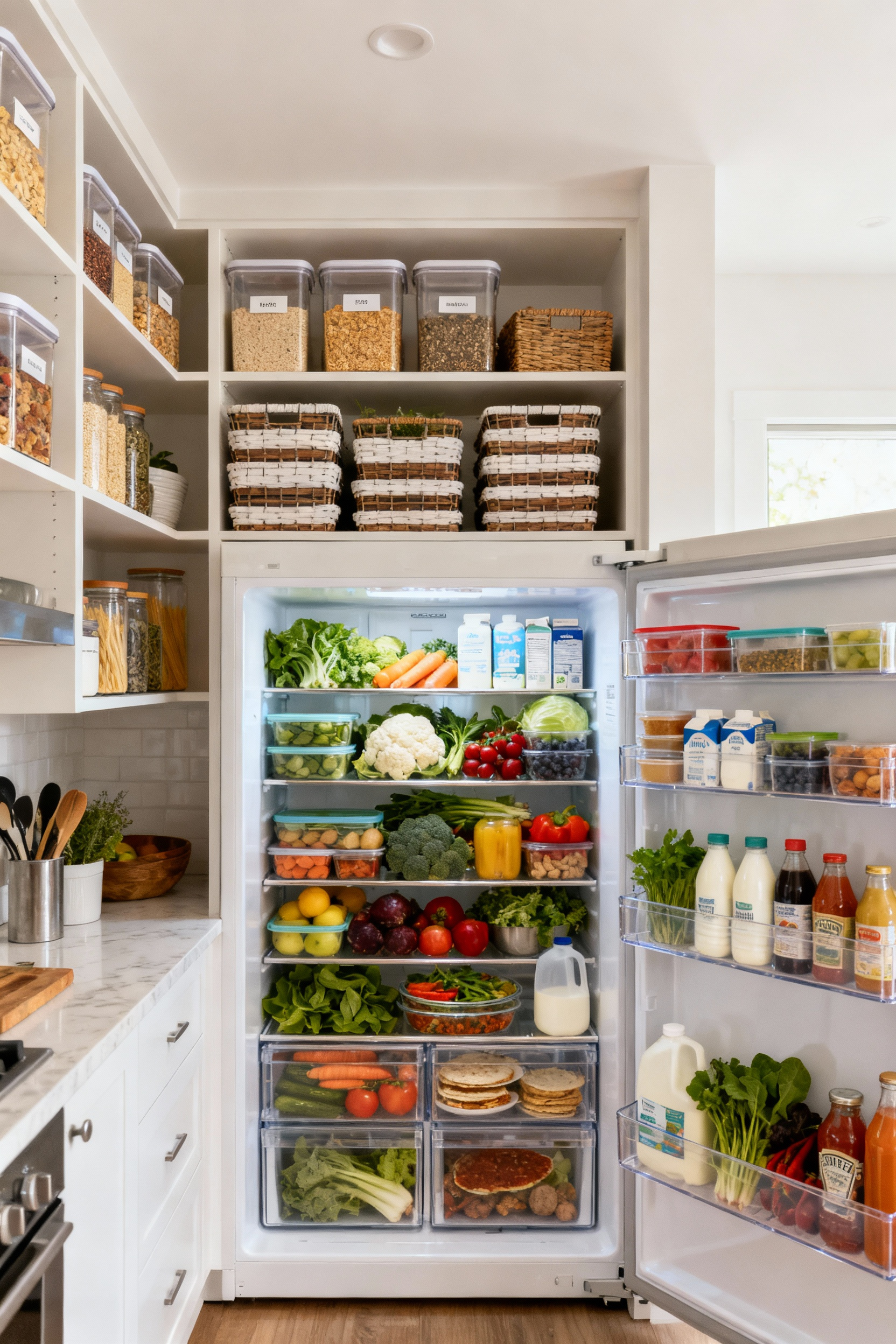 Organized kitchen pantry and refrigerator demonstrating digital inventory management of food items.