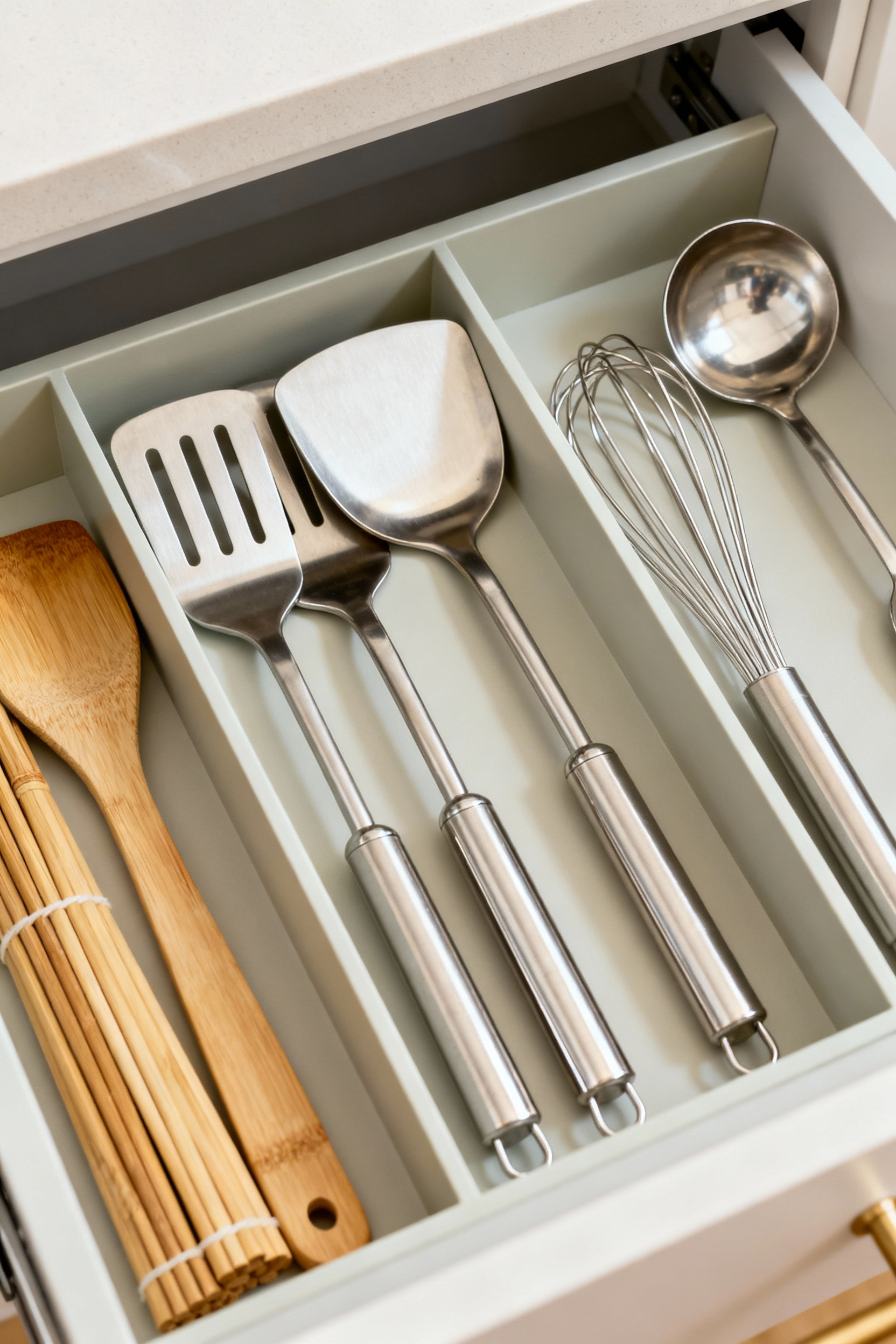 A beautifully organized kitchen drawer with neatly arranged utensils in dividers, showcasing effective utensil and cookware organization.