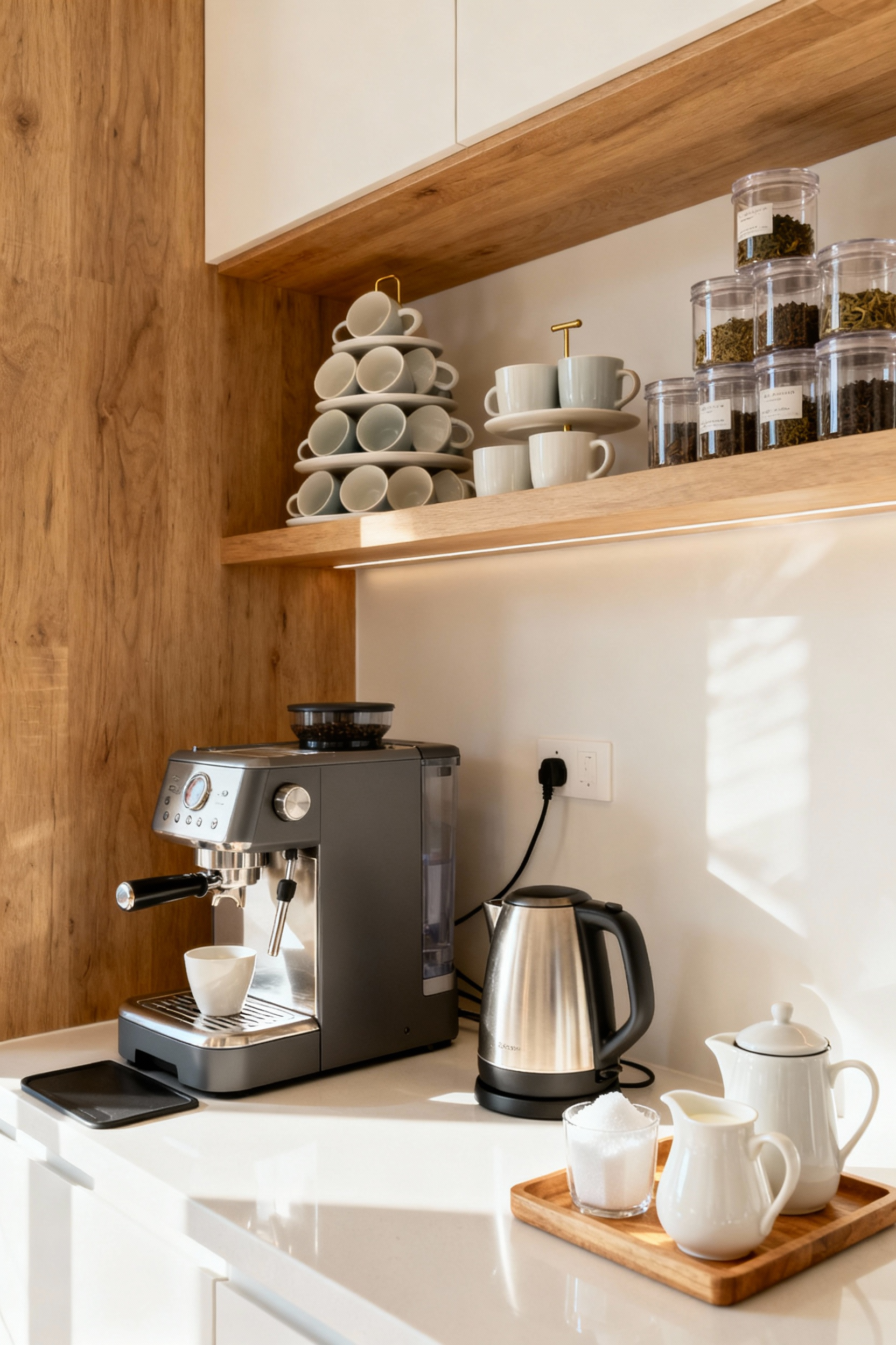 A neatly organized coffee and tea station with an espresso machine, kettle, stackable containers for tea, tiered mug stand, and a tray with sugar and creamer, set on a modern kitchen counter.