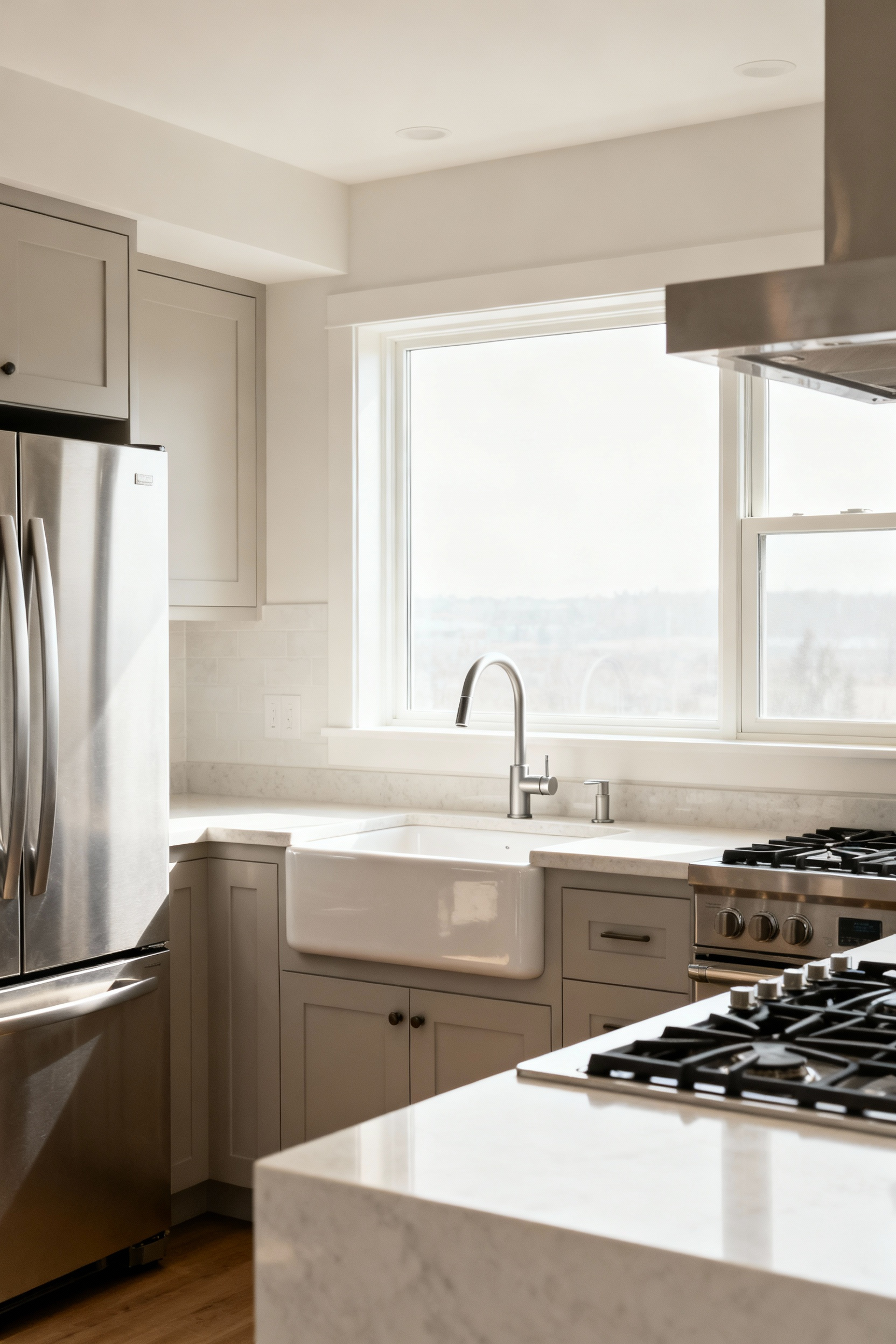 Optimized kitchen layout showing a refrigerator, sink, and stove arranged in an efficient workflow triangle to minimize movement and maximize cooking efficiency.