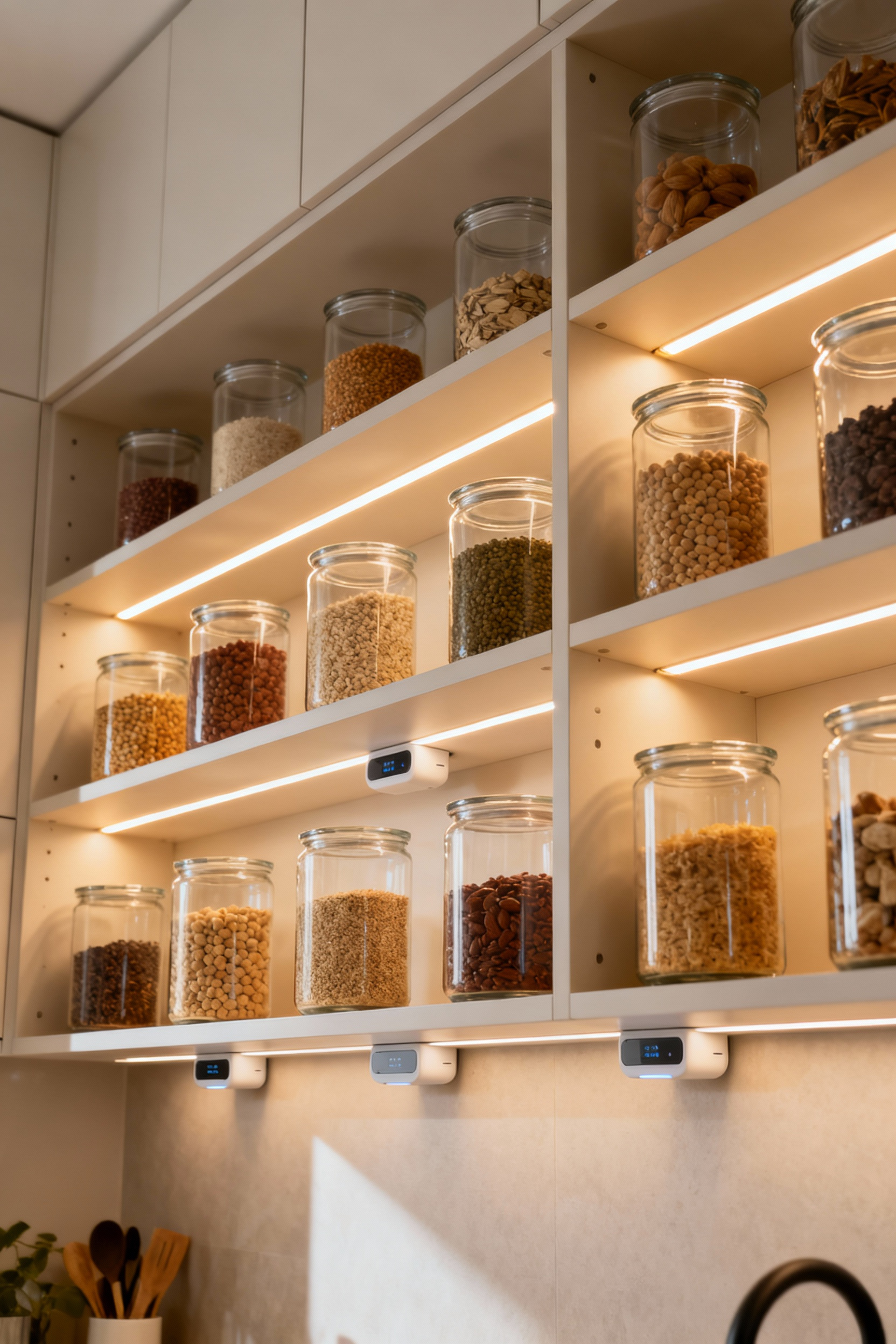 Modern kitchen pantry with integrated voice-activated smart storage, soft LED lighting, and clear, organized containers showcasing a highly functional smart pantry system.