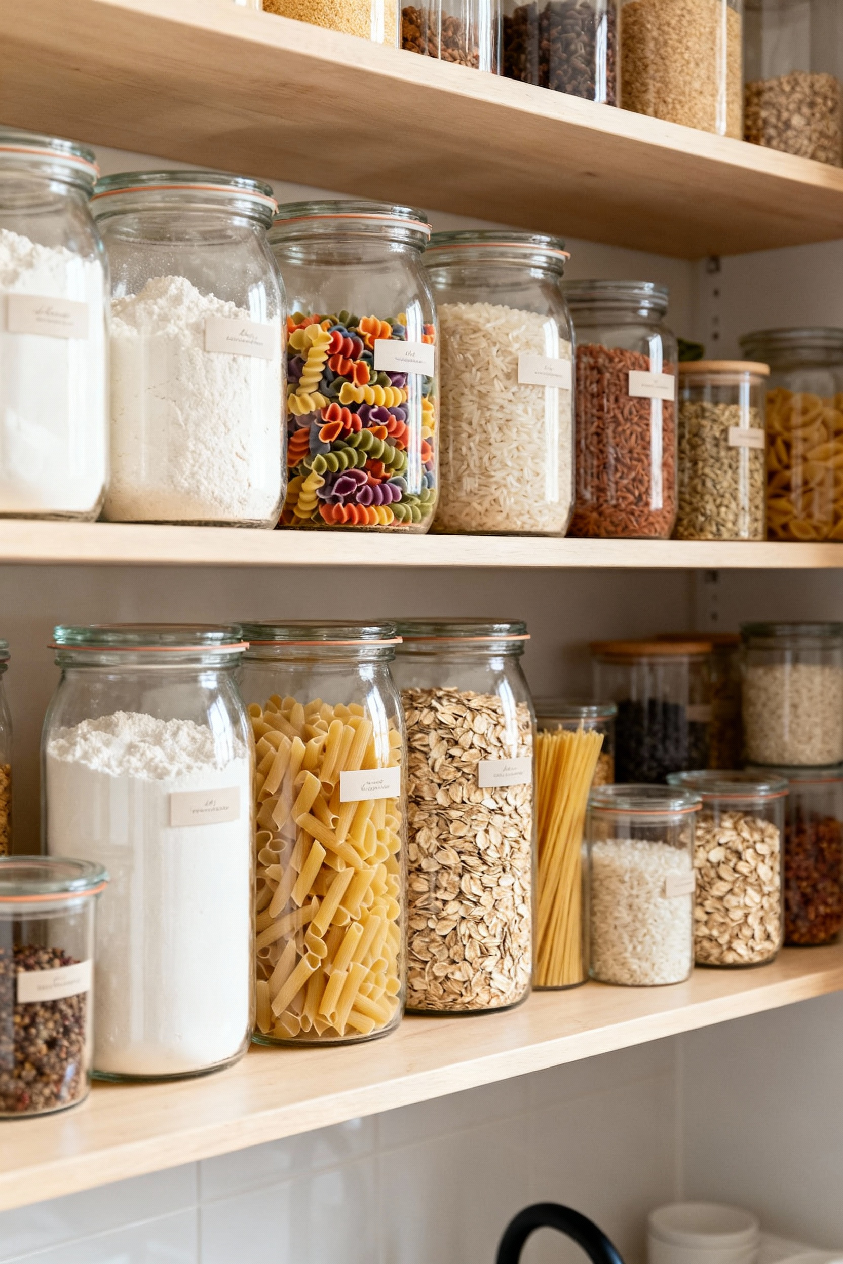 Neatly arranged clear airtight glass jars filled with dry goods like flour, pasta, rice, and oats on a pantry shelf, demonstrating effective pantry organization and food freshness.