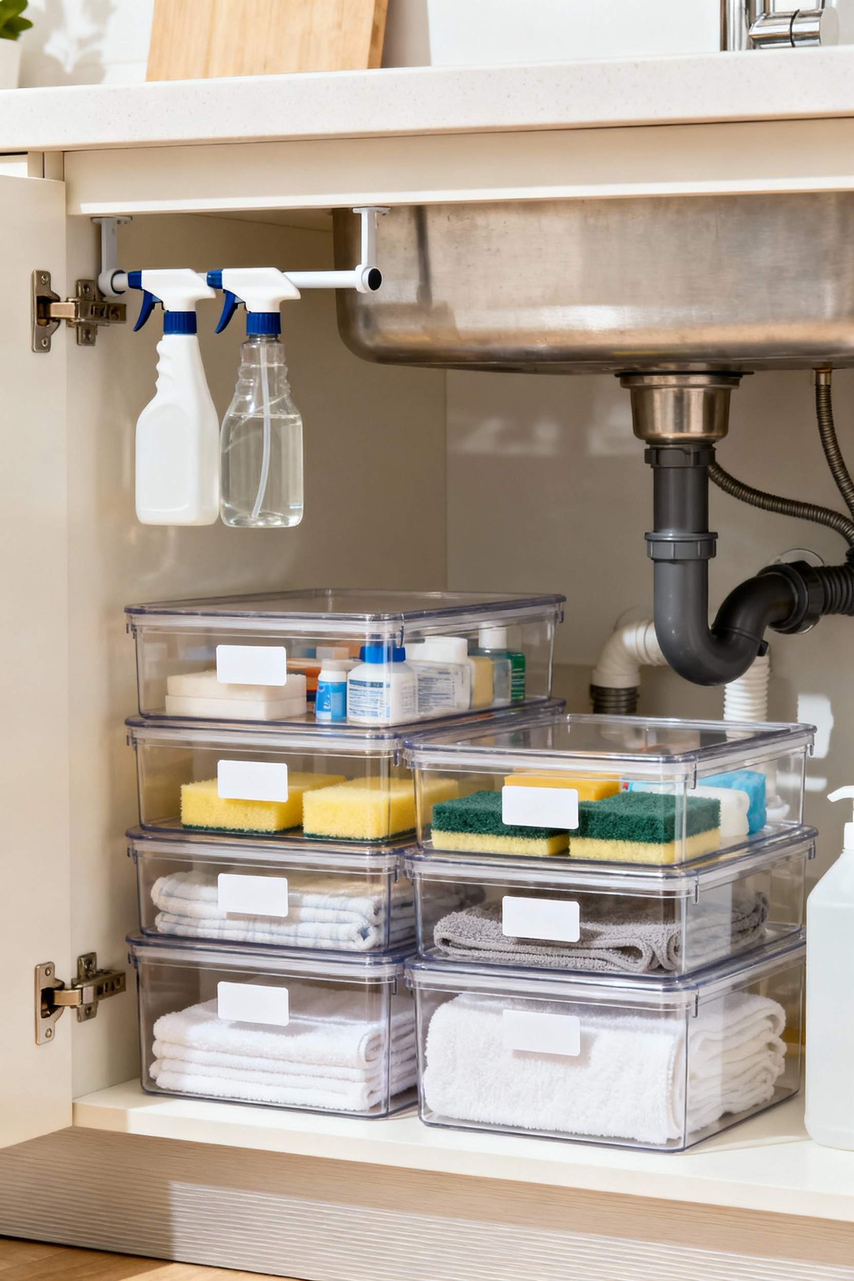 Impeccably organized under-sink cabinet in a modern kitchen, featuring clear, labeled stackable bins filled with cleaning supplies, and spray bottles hanging from a tension rod.