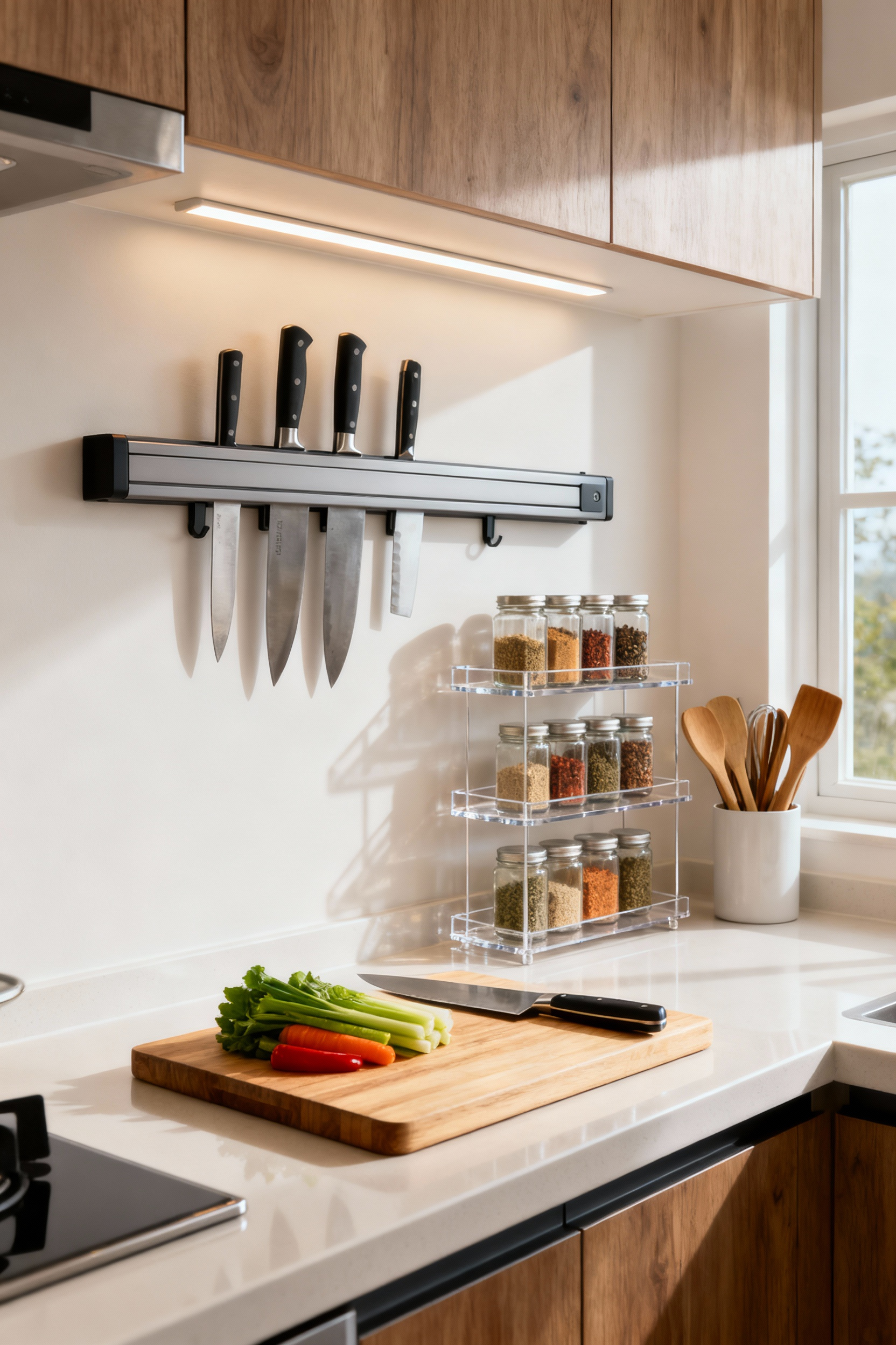 Organized kitchen prep space with a cutting board, knife, magnetic knife strip, tiered spice rack, and cooking utensils, all clearly zoned for efficiency.