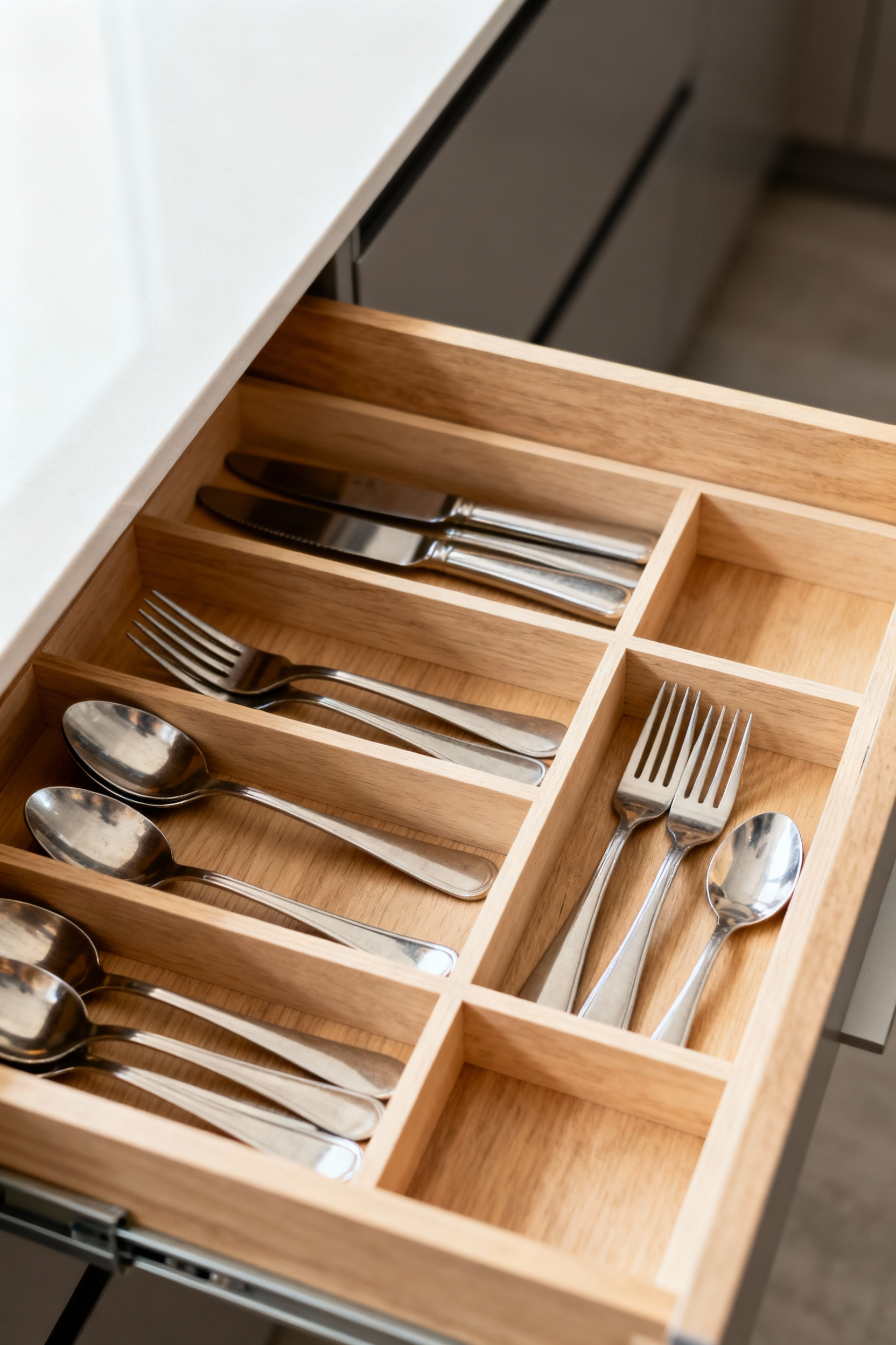 Overhead view of a perfectly organized kitchen drawer with light wooden grid-based flatware drawer organizers, featuring neatly arranged forks, knives, spoons, and serving utensils in custom compartments. Clean and modern kitchen aesthetic.