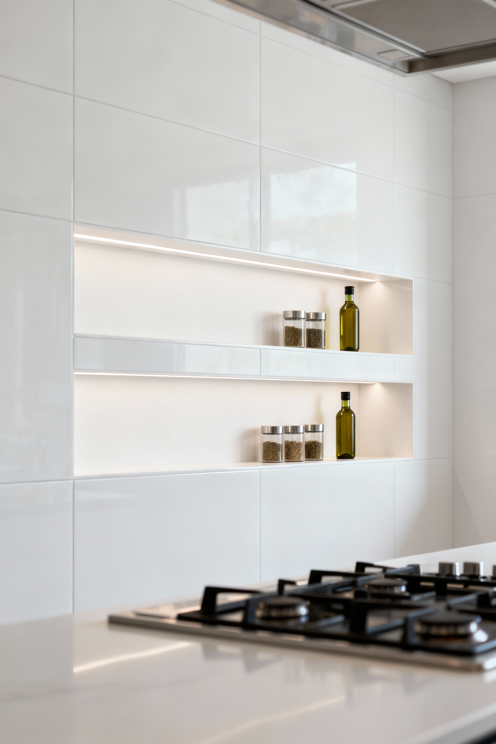 Modern kitchen with a seamless white porcelain backsplash featuring two horizontally integrated shelves with hidden LED lighting, displaying elegant spice jars and a bottle of olive oil.