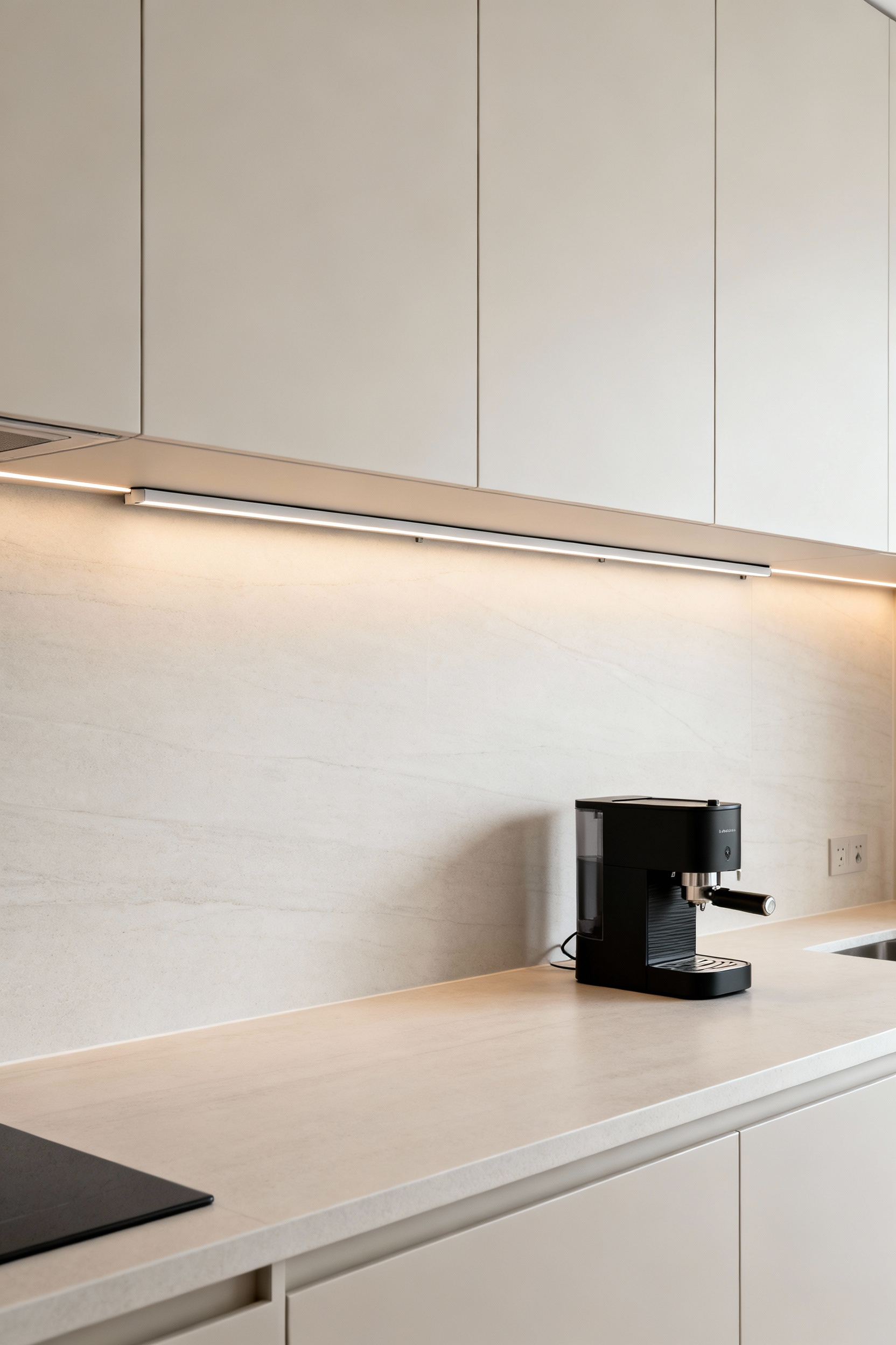 Modern kitchen backsplash with seamless smart integration, featuring hidden pop-up electrical outlets and discreet tech components in a minimalist design.