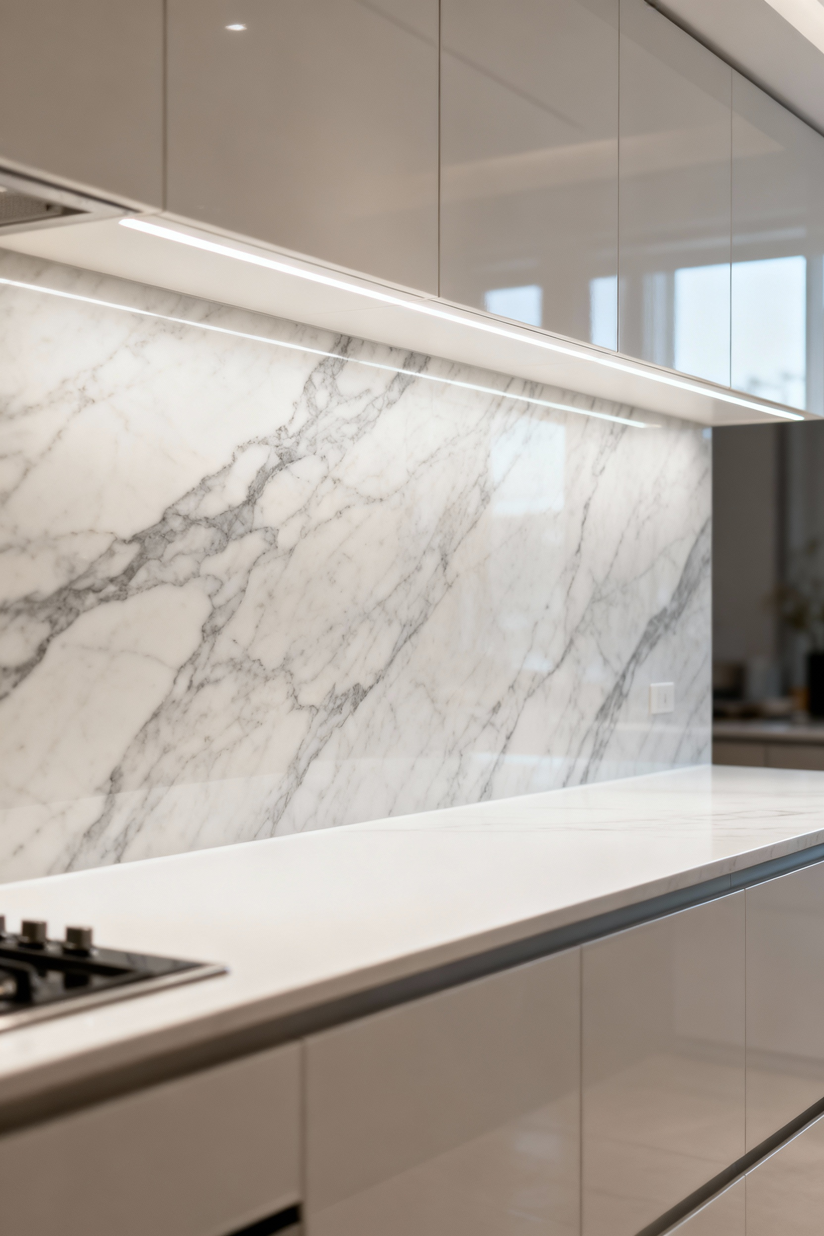 Modern kitchen with a full-height Calacatta marble slab backsplash, white countertops, and sleek upper cabinets, showcasing a seamless design that expands visual space.