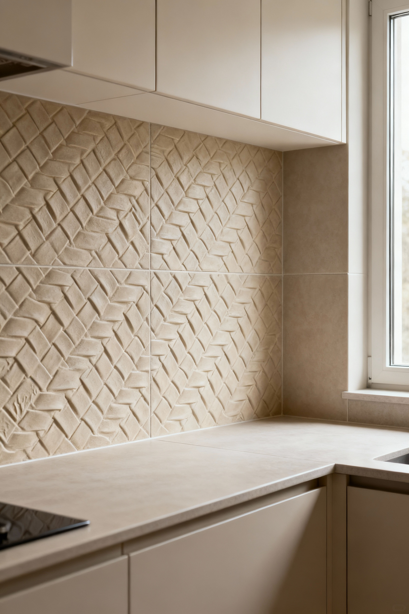 Modern kitchen with a textured backsplash featuring subtle tone-on-tone patterns, minimalist cabinetry, and a clean countertop under natural light.