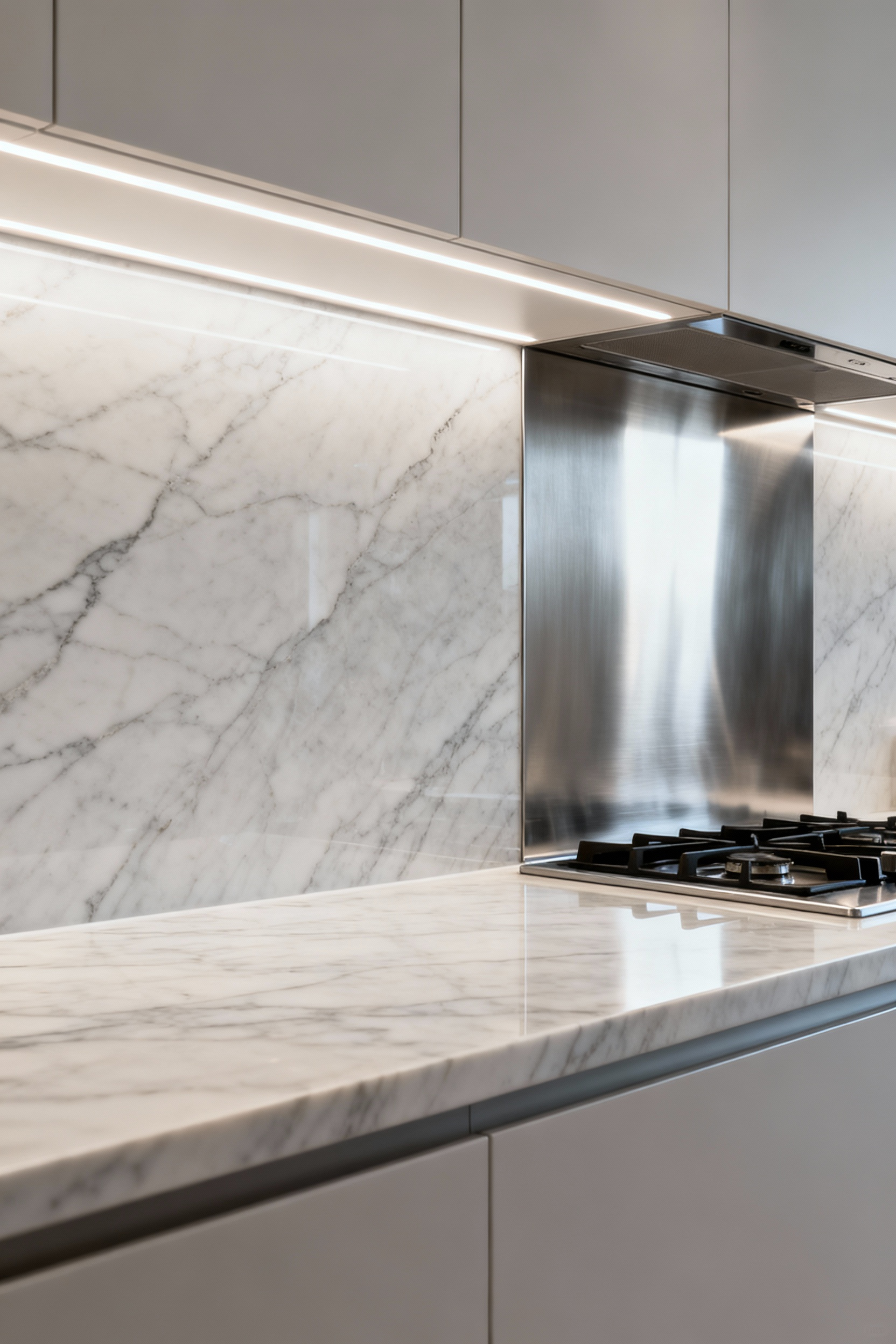 A modern kitchen featuring a sleek, full-height quartzite slab backsplash with subtle veining next to a reflective brushed stainless steel backsplash, illuminated by <a href=
