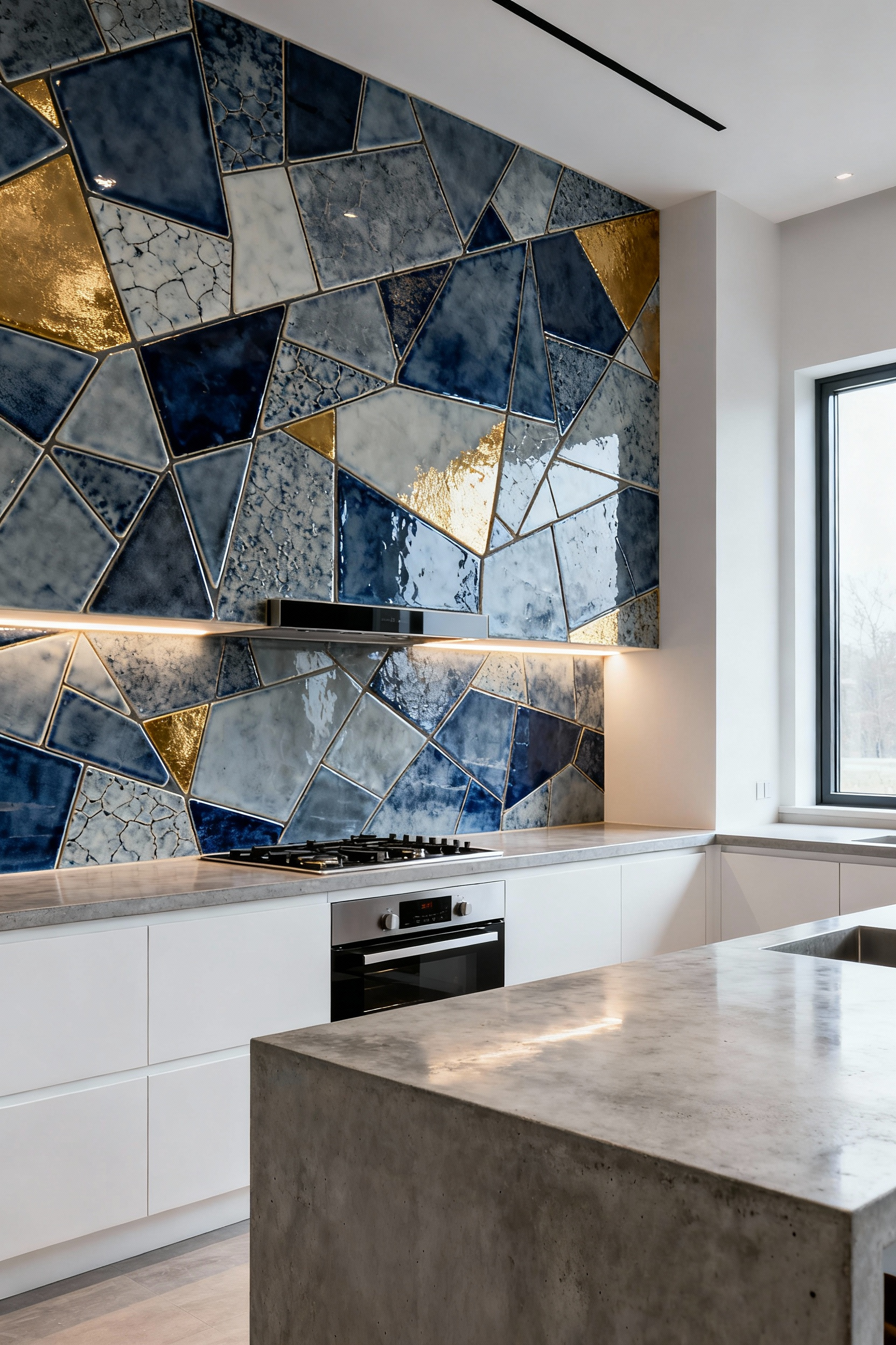 Custom kitchen backsplash mural made with irregular porcelain tiles, backlit to create an artistic focal point in a modern kitchen design.