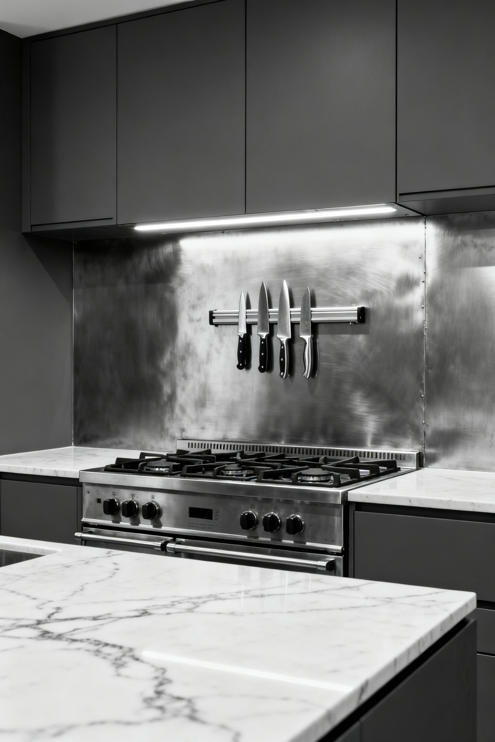 A sophisticated industrial chic kitchen backsplash featuring a brushed zinc panel with integrated magnetic knife strips, illuminated by hidden LED lighting above sleek dark grey cabinetry.