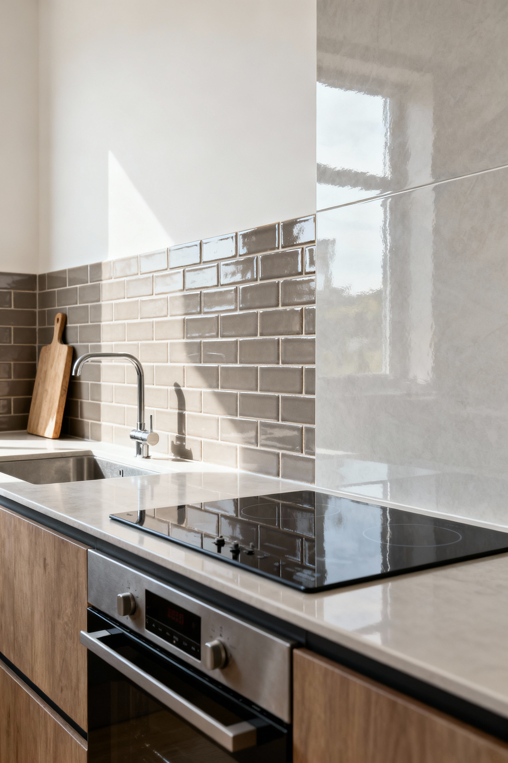 Modern kitchen backsplash showcasing strategic material zone separation with a polished porcelain slab behind a cooktop and matte ceramic tiles in a prep area.