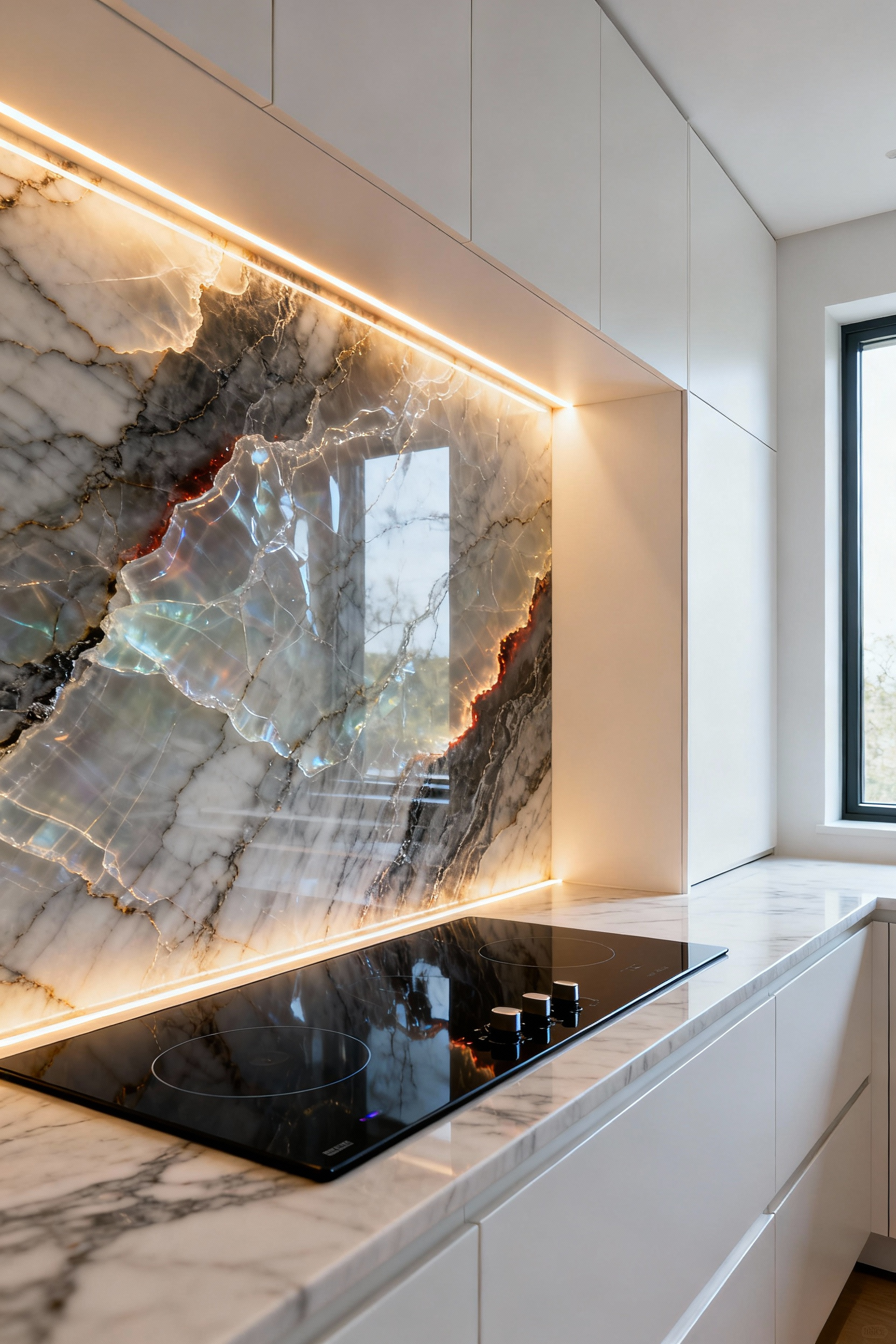 Modern kitchen featuring a luxurious backlit Onyx 'Volcano' slab backsplash behind an induction cooktop, surrounded by minimalist white cabinets, highlighting strategic high-impact design.
