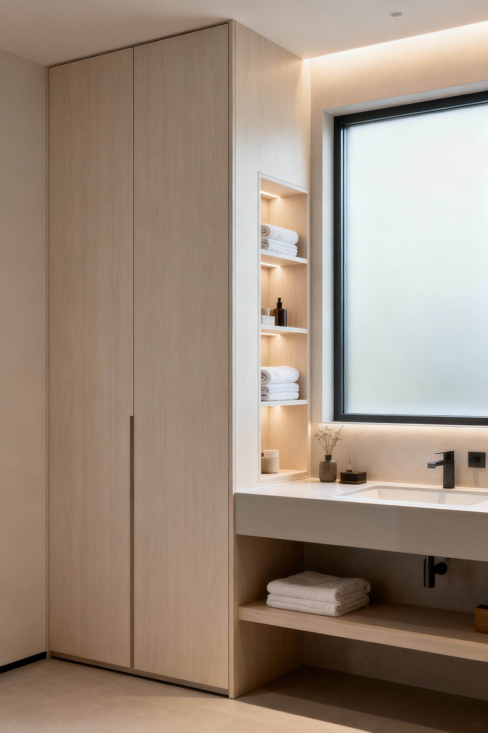 Modern bathroom with a tall, integrated custom built-in cabinet next to a vanity, featuring neatly stacked white towels and decorative items. The cabinet is made of light wood with a semi-gloss finish, reflecting soft natural light.