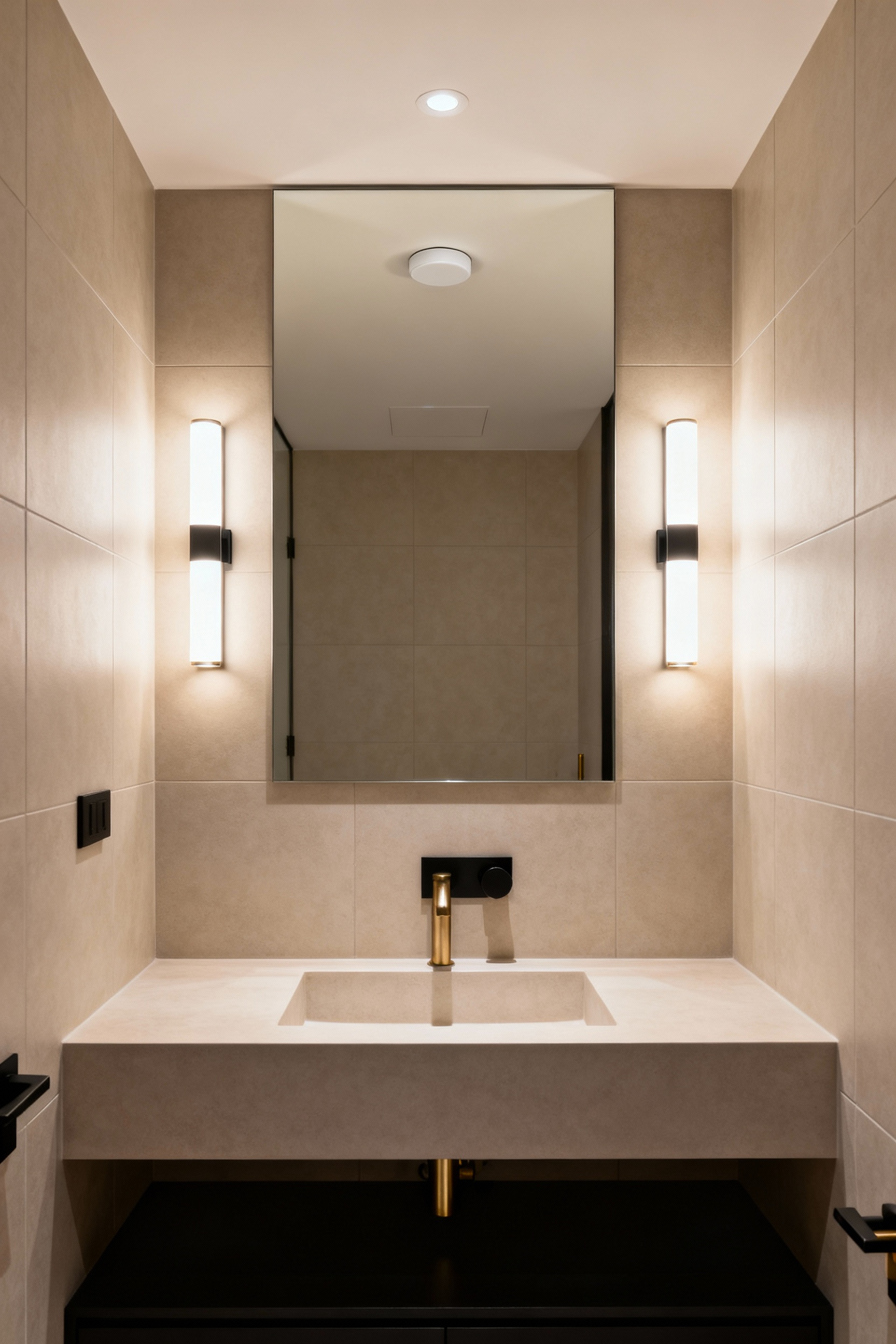 Modern bathroom with elegant vanity sconces and overhead lighting creating a warm and bright ambiance.