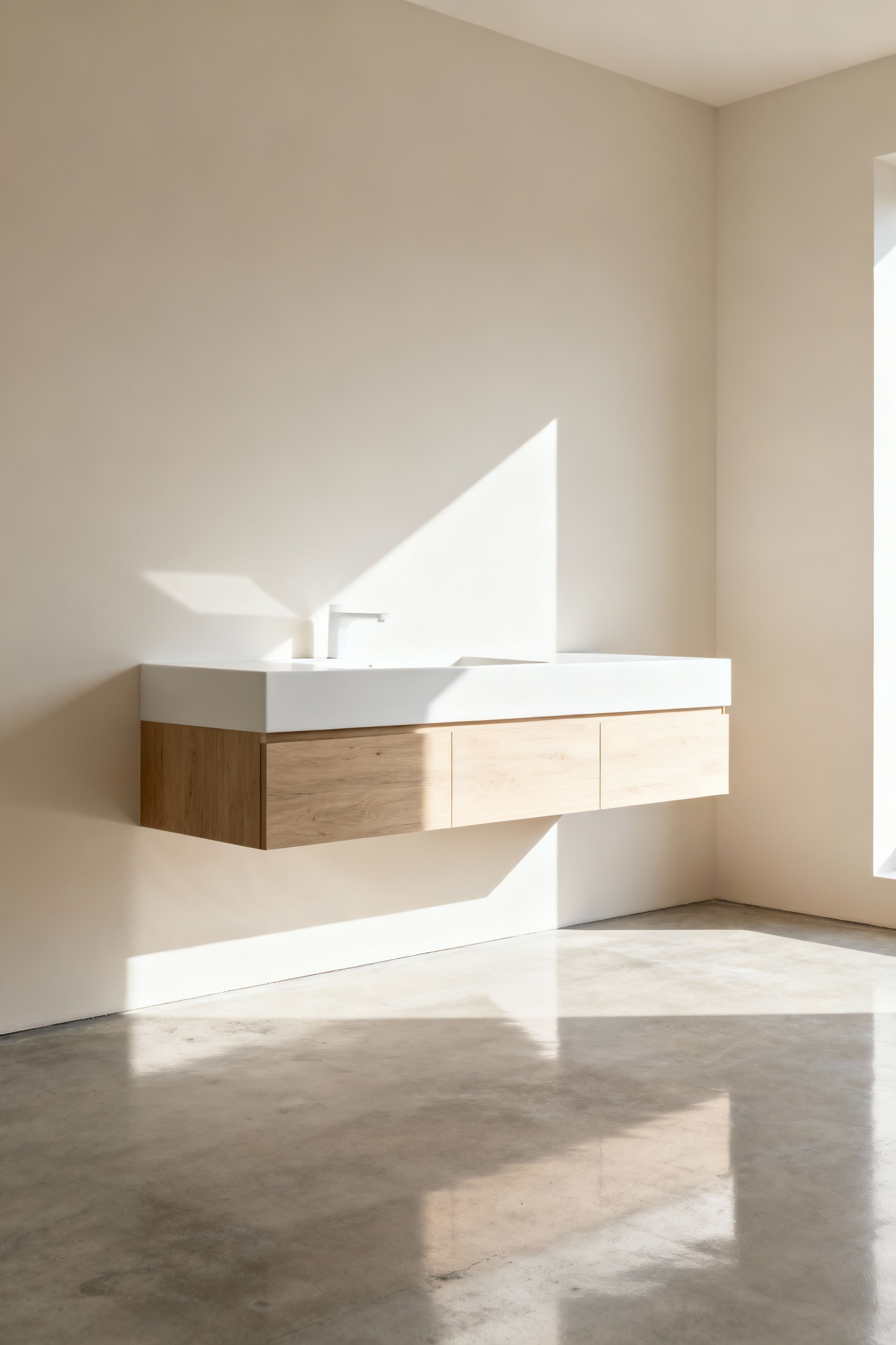 Modern wall-mounted bathroom vanity with a sleek sink, light wood cabinets, and open space beneath in a bright, minimalist bathroom.