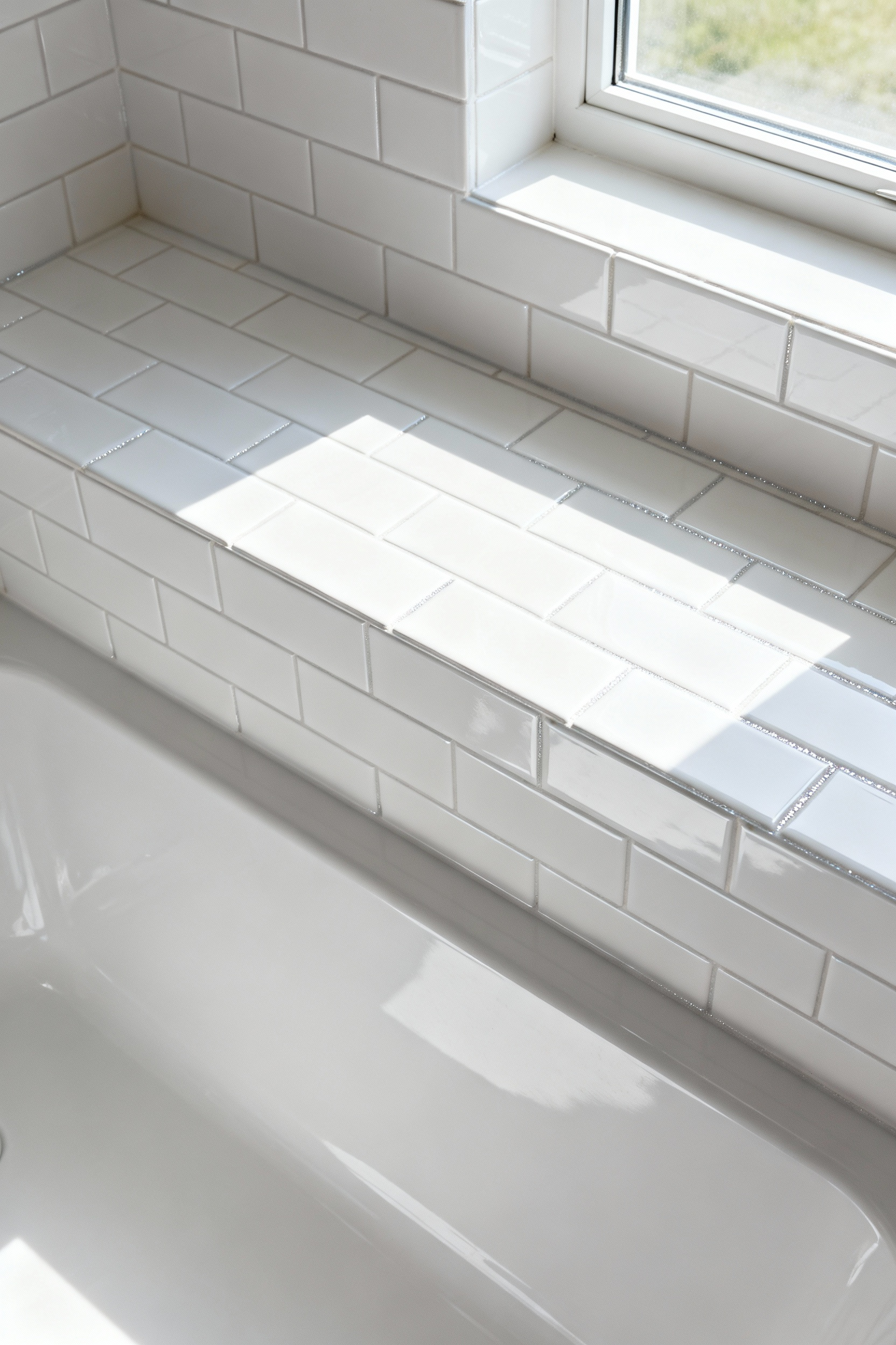 Close-up of sparkling white subway tiles with perfectly clean and whitened grout lines in a brightly lit, modern bathroom, showcasing a pristine and refreshed appearance.