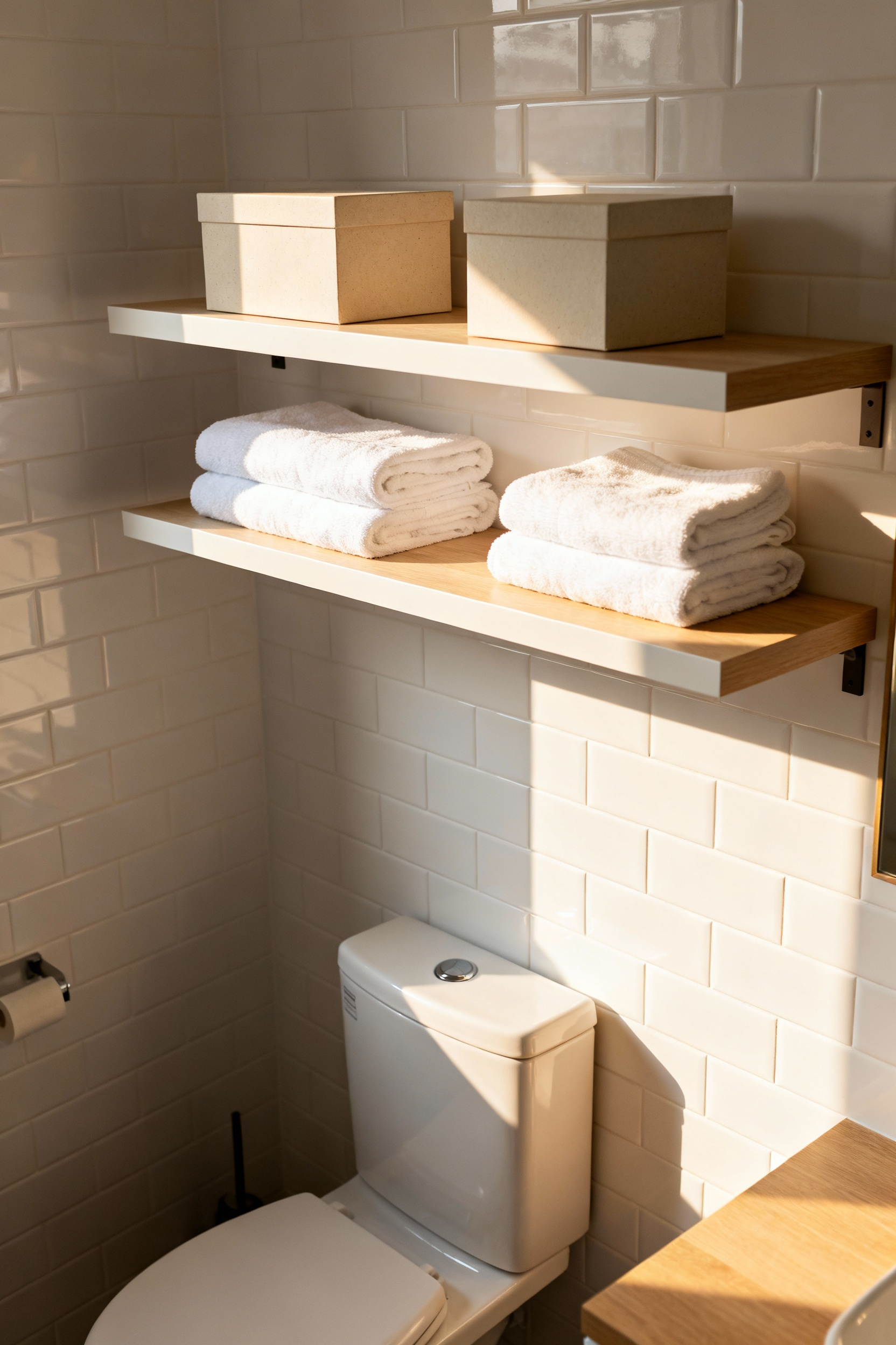 Modern bathroom with white floating shelves above a toilet, displaying folded towels and organized bins, showcasing smart storage solutions beyond the vanity area.