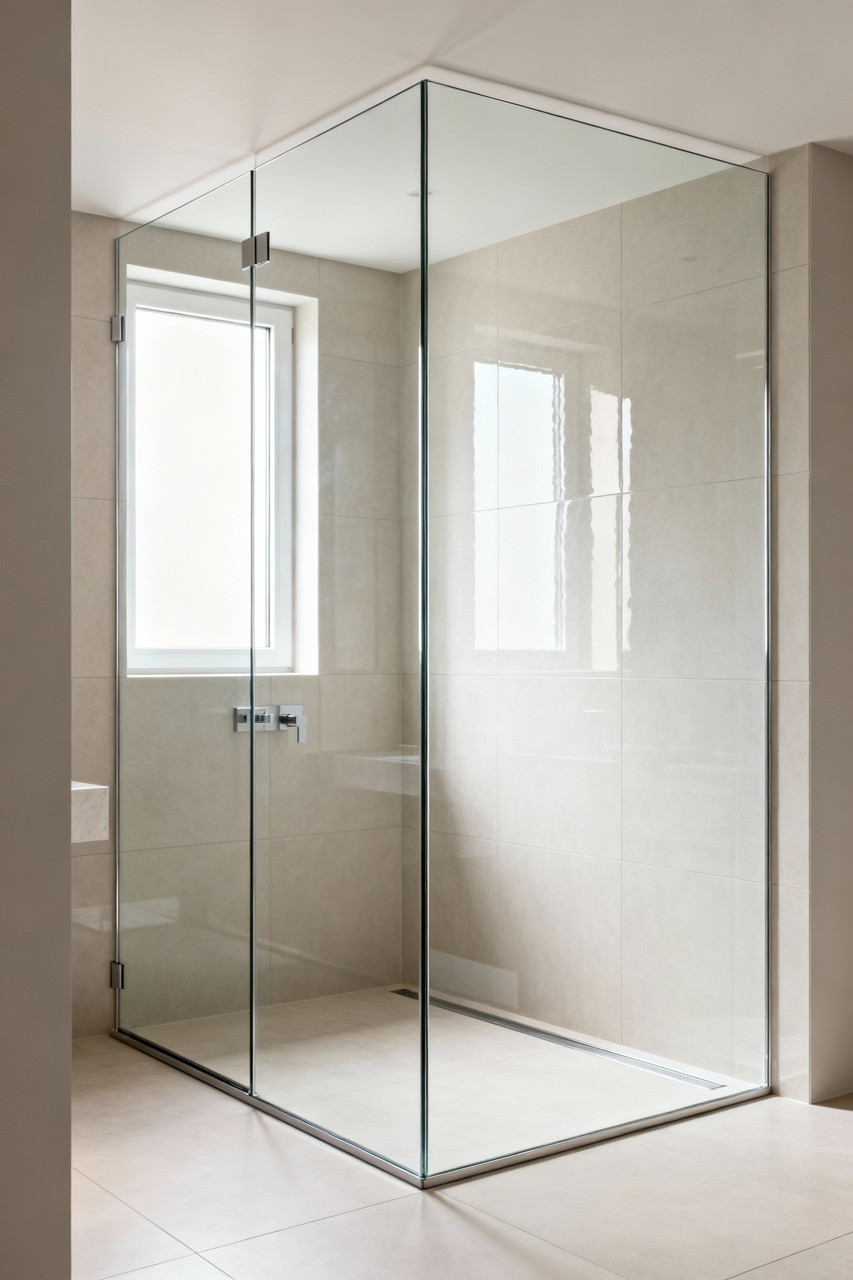 Modern frameless glass shower enclosure in a pristine, light-filled minimalist bathroom, showcasing a sleek design and open, spa-like atmosphere.