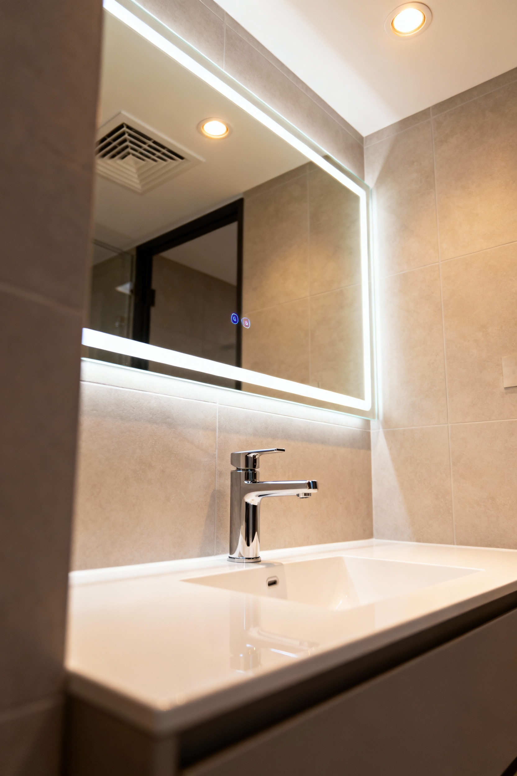 Modern bathroom with integrated smart home technology, featuring a sleek smart mirror, touchless faucet, and subtle smart lighting for an integrated experience.