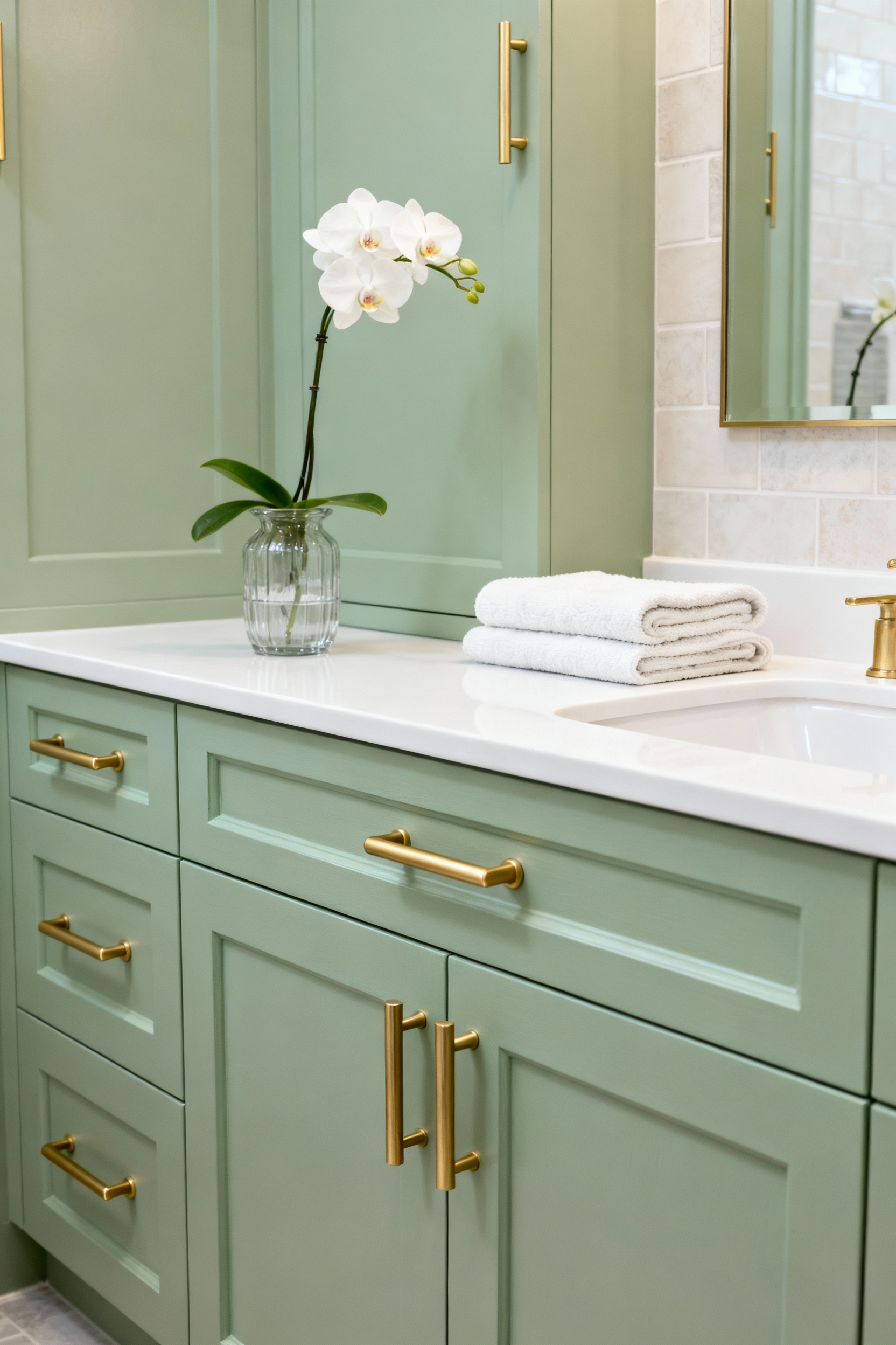 Close-up of a beautifully painted sage green bathroom vanity with matte gold pulls, showcasing a professional finish and a fresh, modern aesthetic.