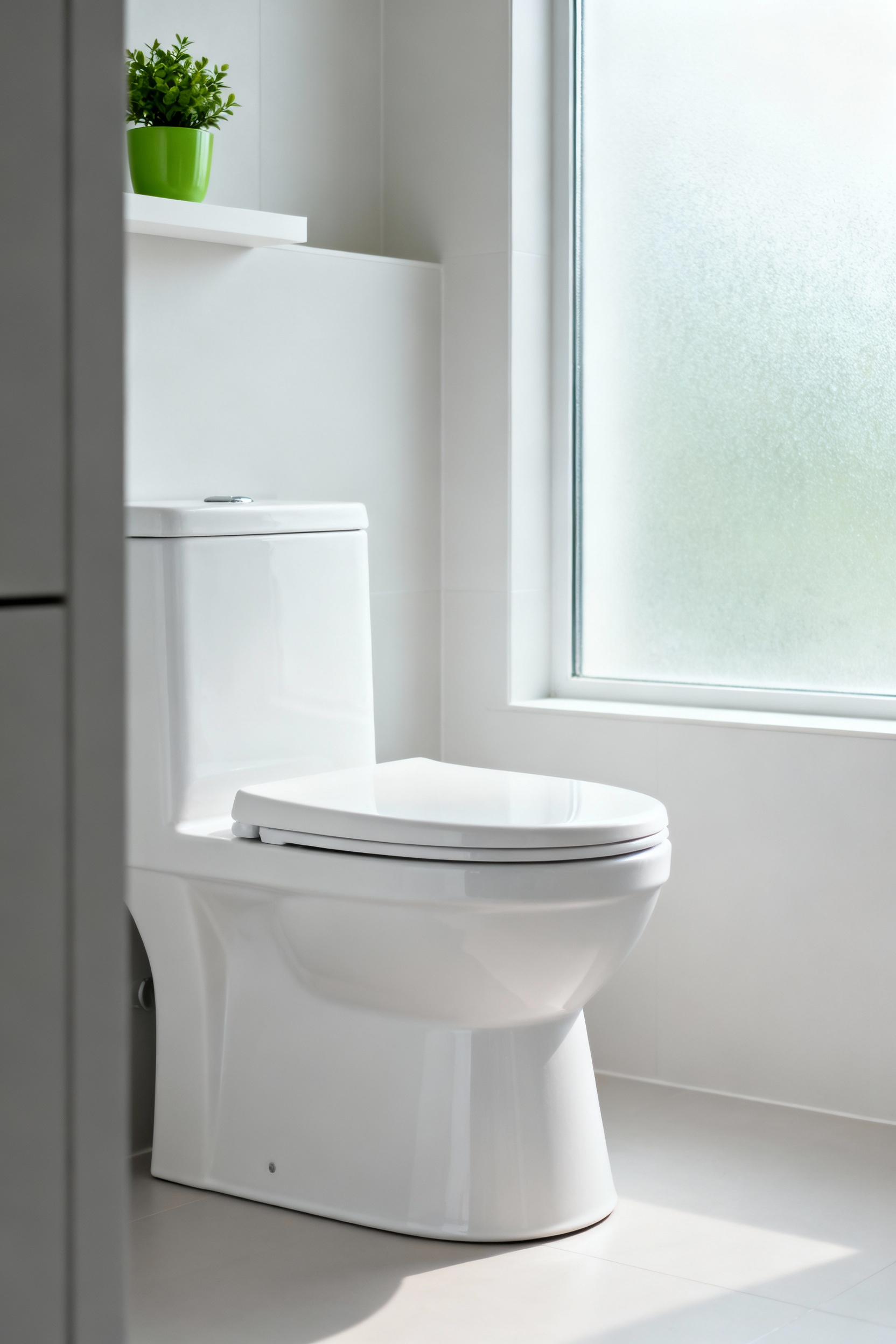 A freshly installed, sleek white water efficient toilet in a modern, clean bathroom, emphasizing contemporary style and efficiency.