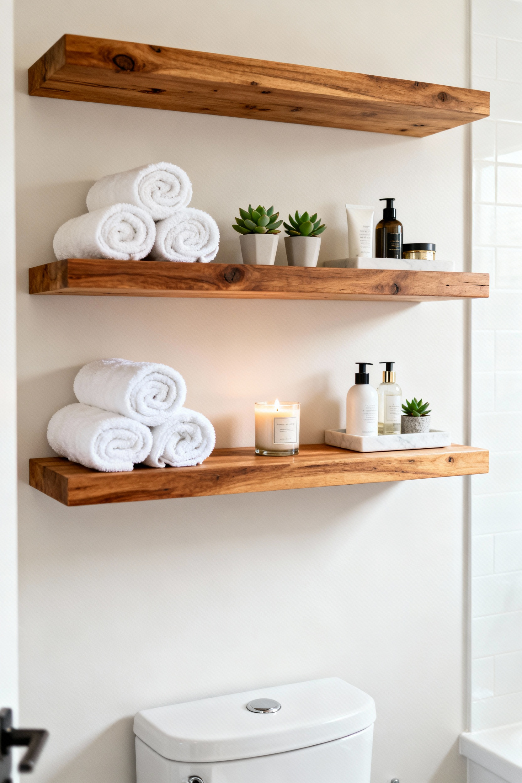 Modern bathroom with stylish stained pine floating shelves above a toilet, displaying rolled towels, plants, and toiletries, maximizing vertical storage.
