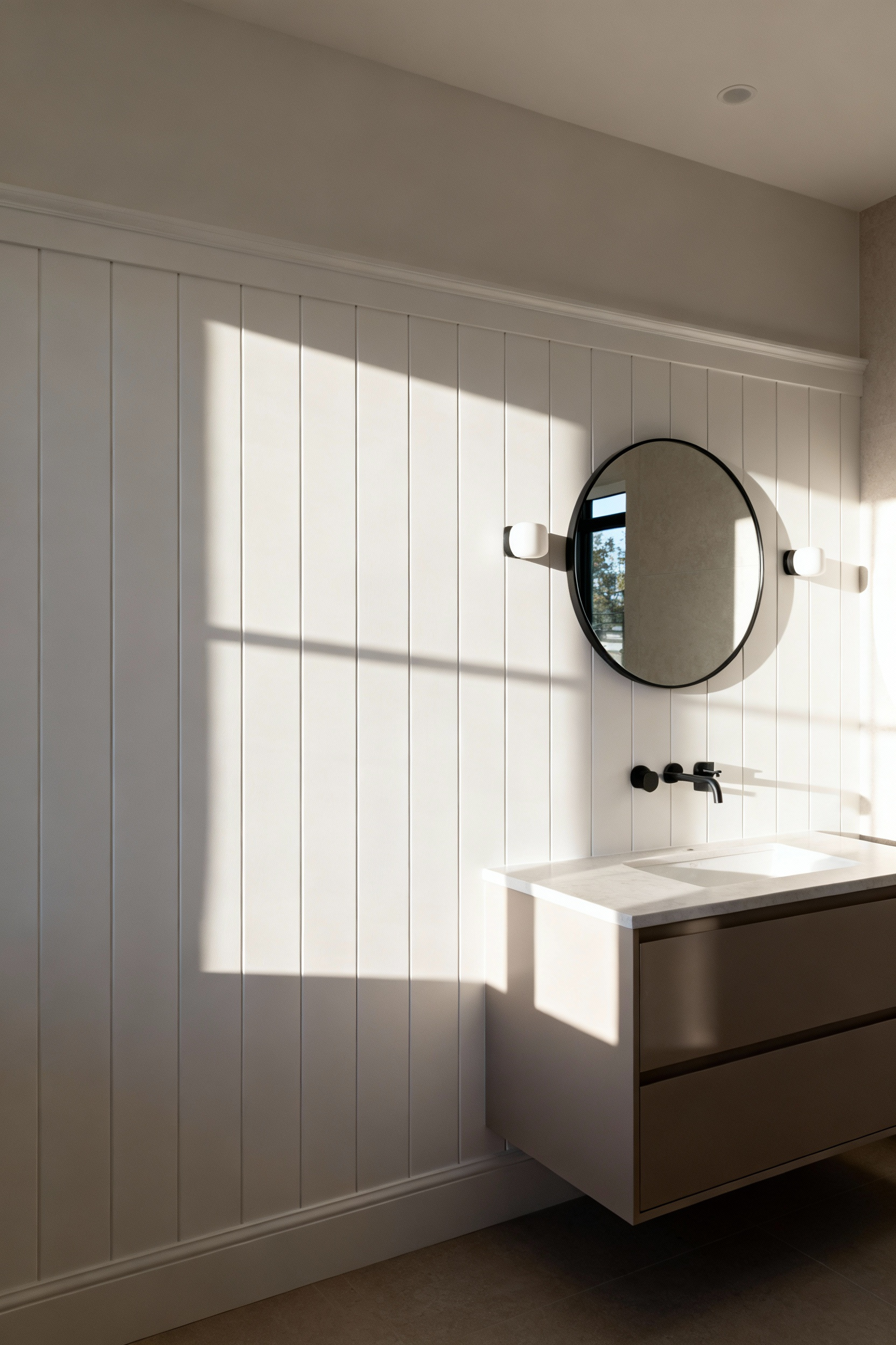 Modern bathroom with white board and batten feature wall behind a wooden vanity, with a round mirror, bathed in soft natural light.