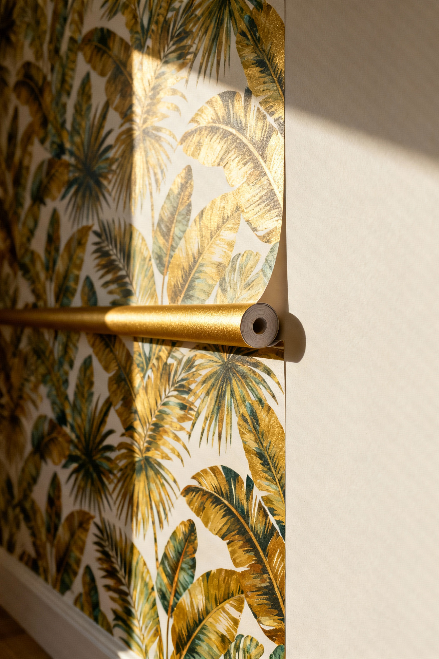 Bathroom wall partially covered with tropical peel-and-stick wallpaper, showcasing a DIY transformation.