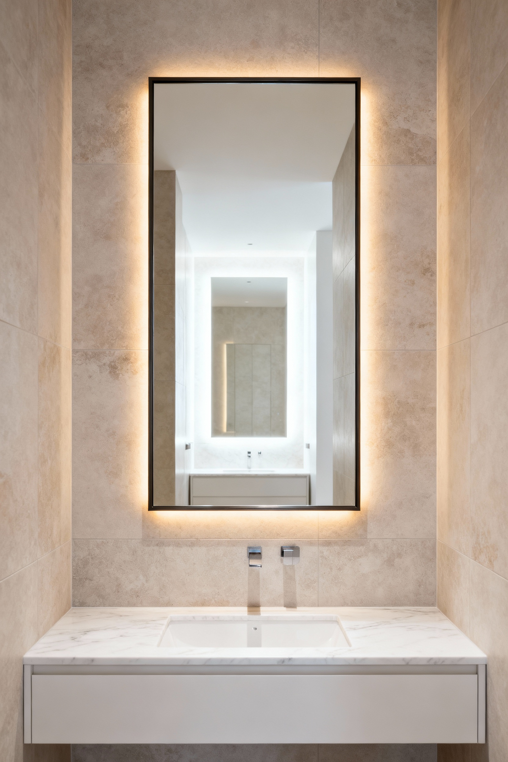 Modern bathroom vanity with a strategically framed rectangular mirror featuring subtle LED backlighting, reflecting a bright and clean space.