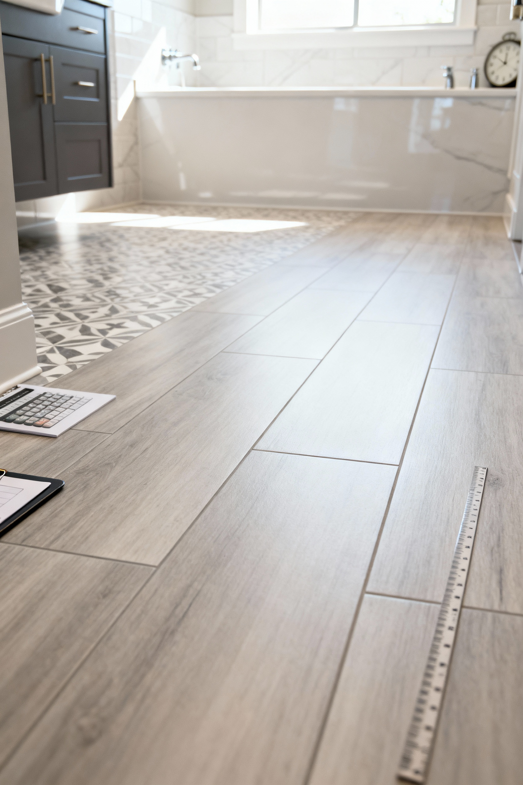 Modern bathroom floor featuring stylish peel-and-stick tile overlays, showcasing a fresh and clean aesthetic. No people visible.
