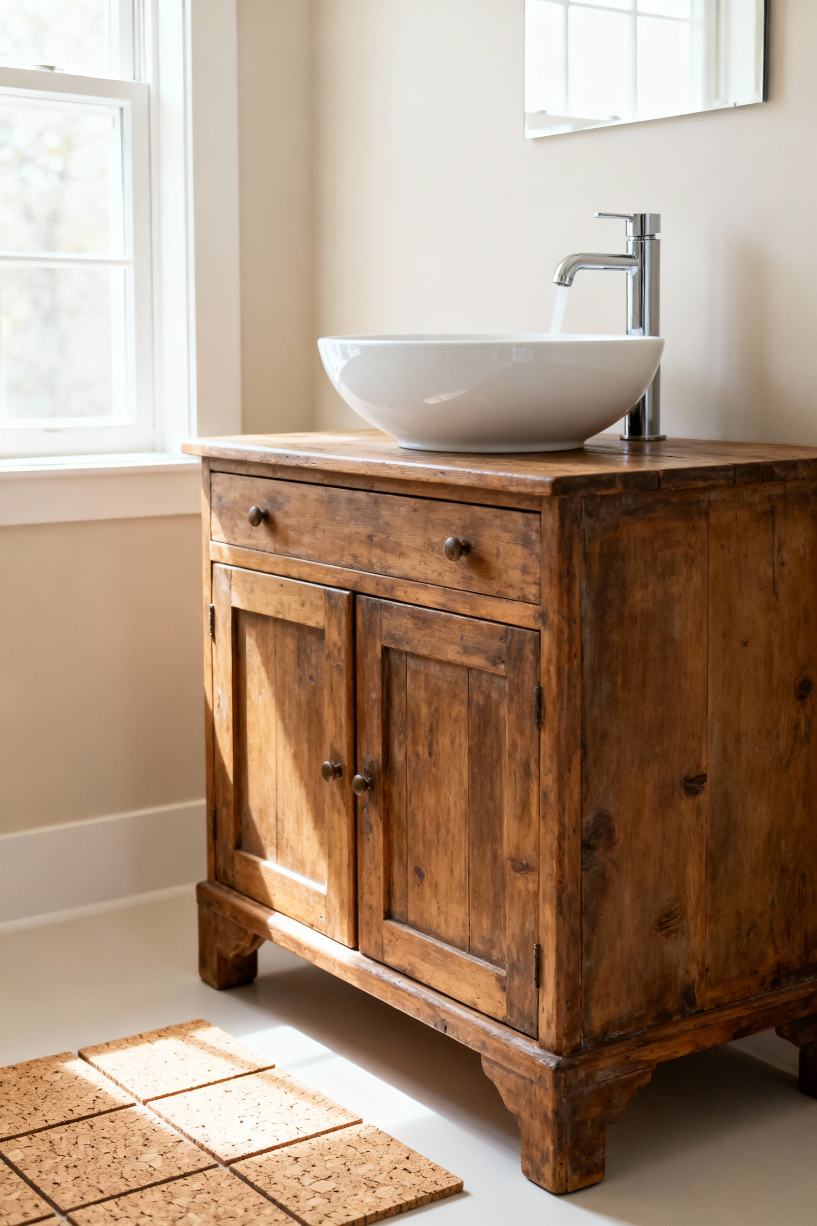 Bathroom featuring a repurposed antique wooden dresser as a vanity with a white vessel sink, a modern low-flow faucet, and soft cork flooring, illuminated by natural light.