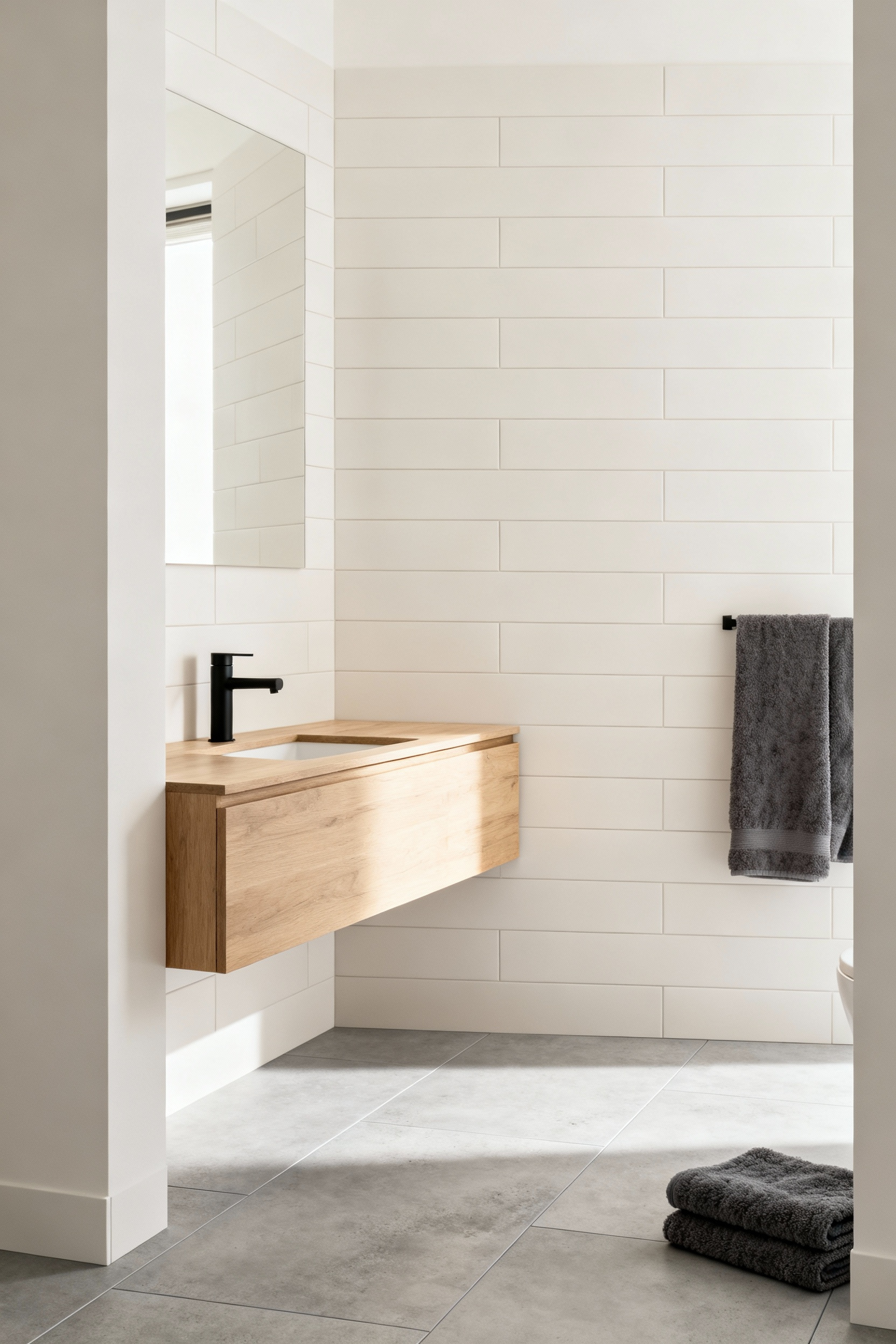 Modern bathroom with cohesive warm white, greige, and wood tones. Floating vanity, large format tiles, and matte black fixtures creating a unified and serene space. Example of a well-implemented cohesive color palette and material scheme in a bathroom.