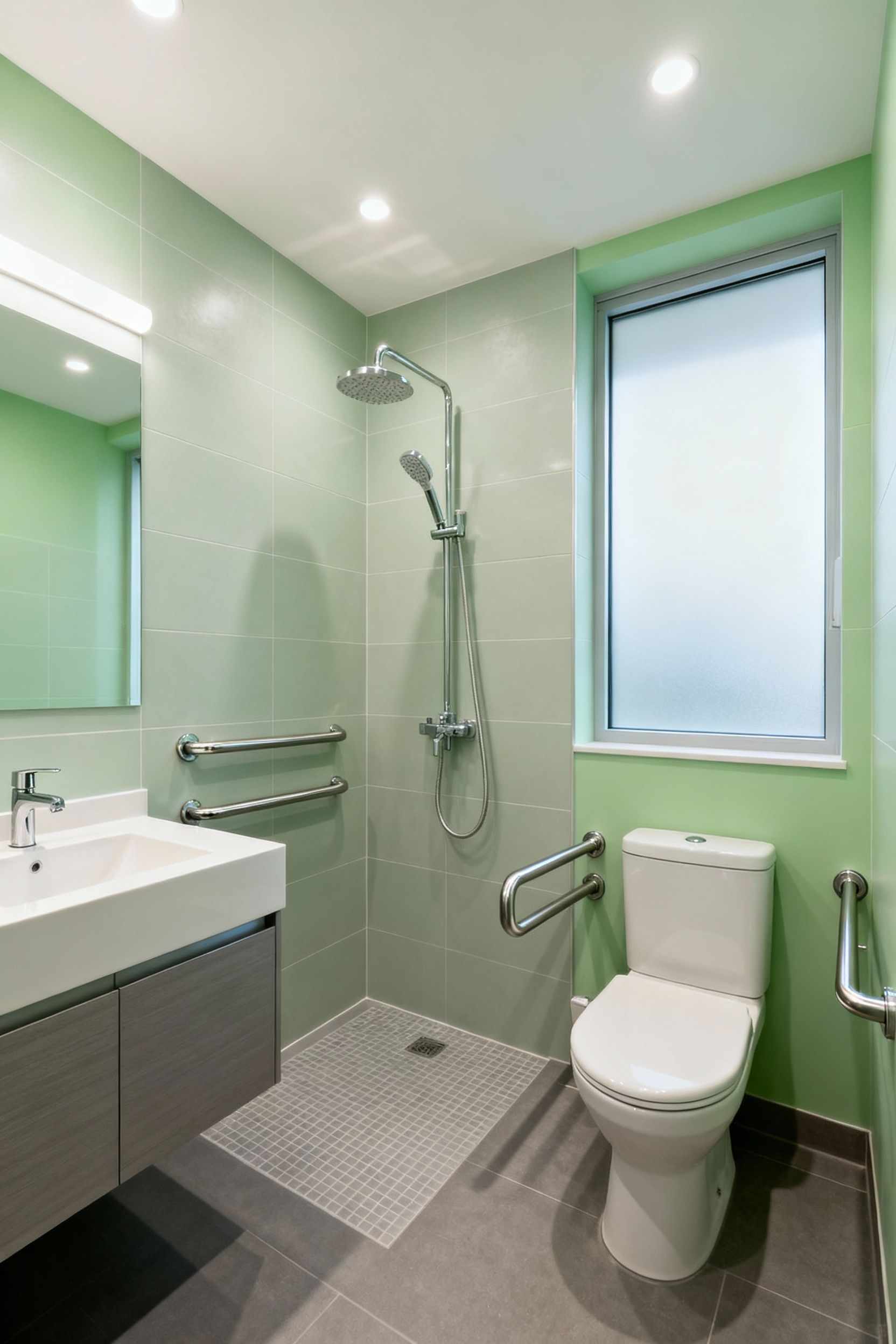 Modern bathroom with universal access design, showing a walk-in shower with a grab bar, handheld shower, comfort-height toilet with a grab bar, and lever-handle vanity faucet. Non-slip matte finish floor tiles are visible. Image reflects accessible bathroom design, future-proofing, and aging-in-place principles.