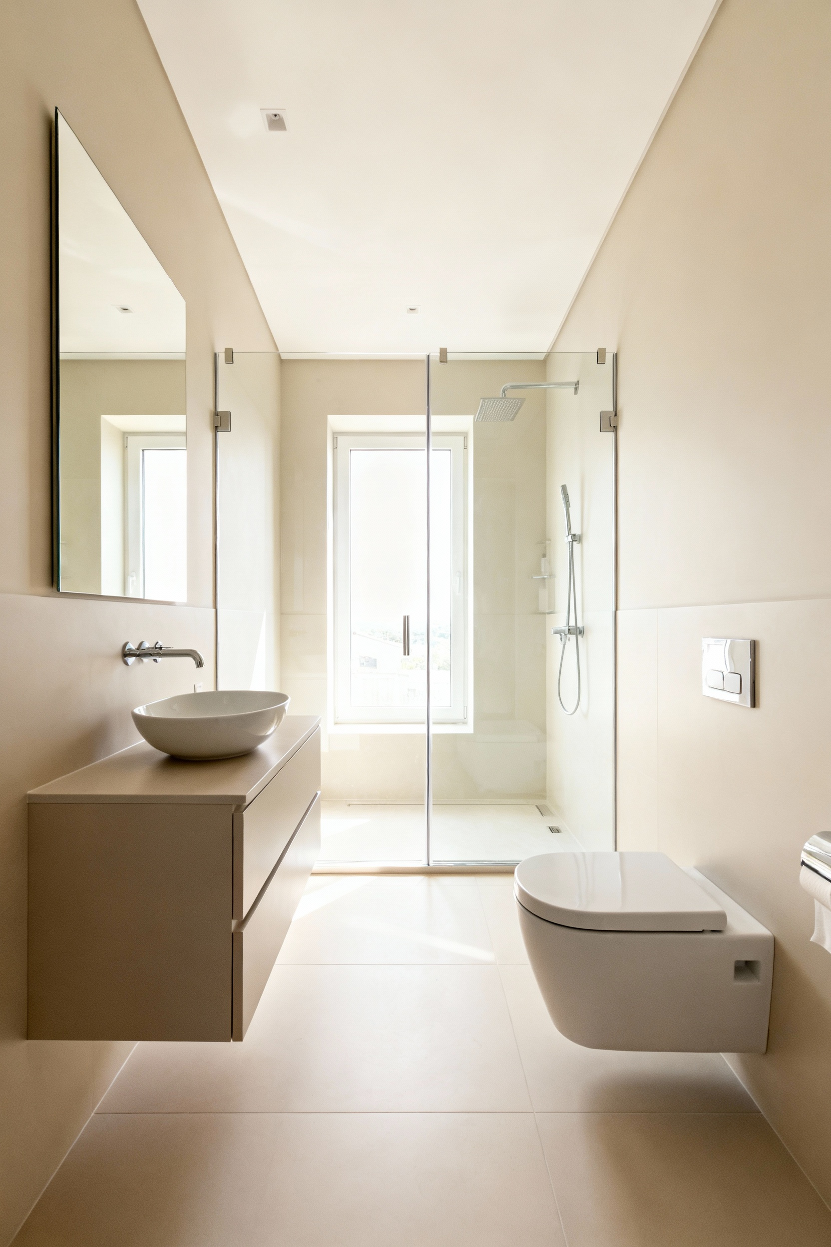 A brightly lit modern bathroom showing a strategic fixture reconfiguration, with a wall-mounted vanity, compact toilet, and walk-in shower demonstrating optimized space and flow.
