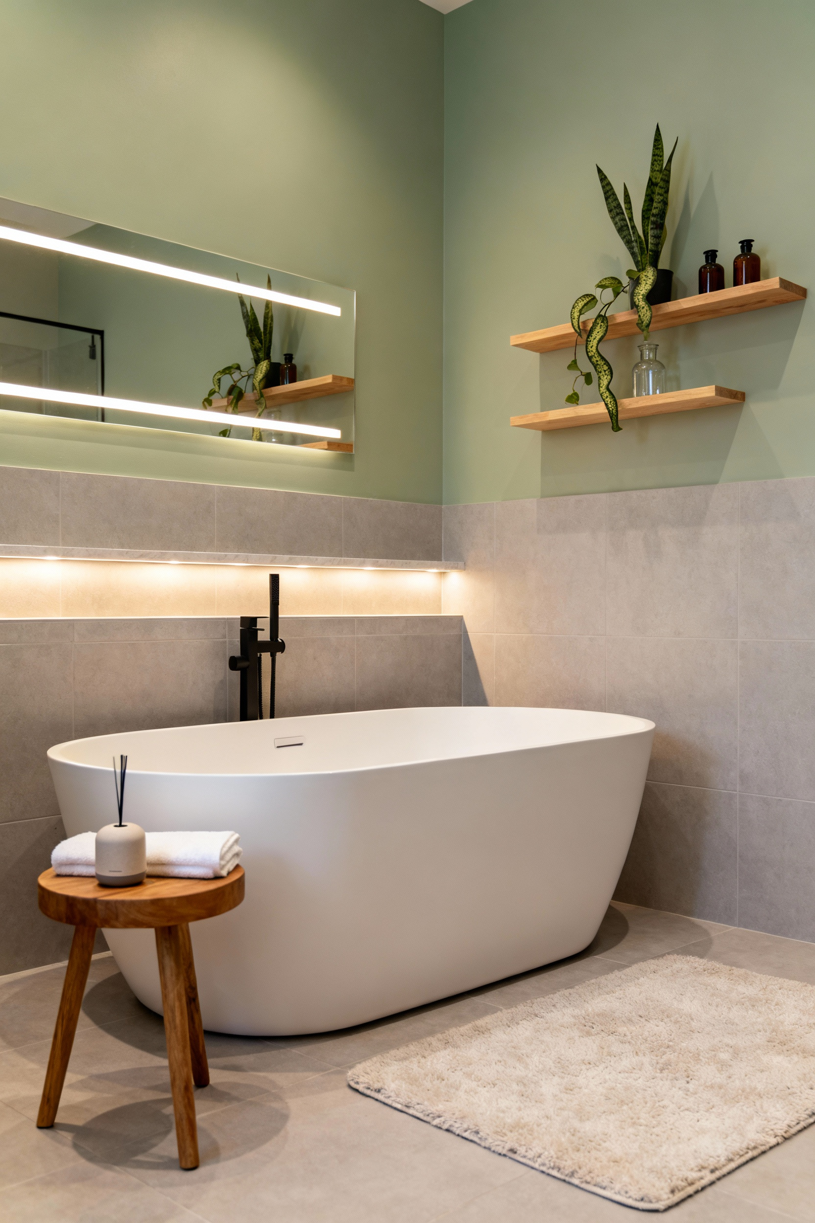 A serene spa-like bathroom with a white freestanding tub, floating shelves, lush plants, and warm ambient lighting for a luxurious retreat.