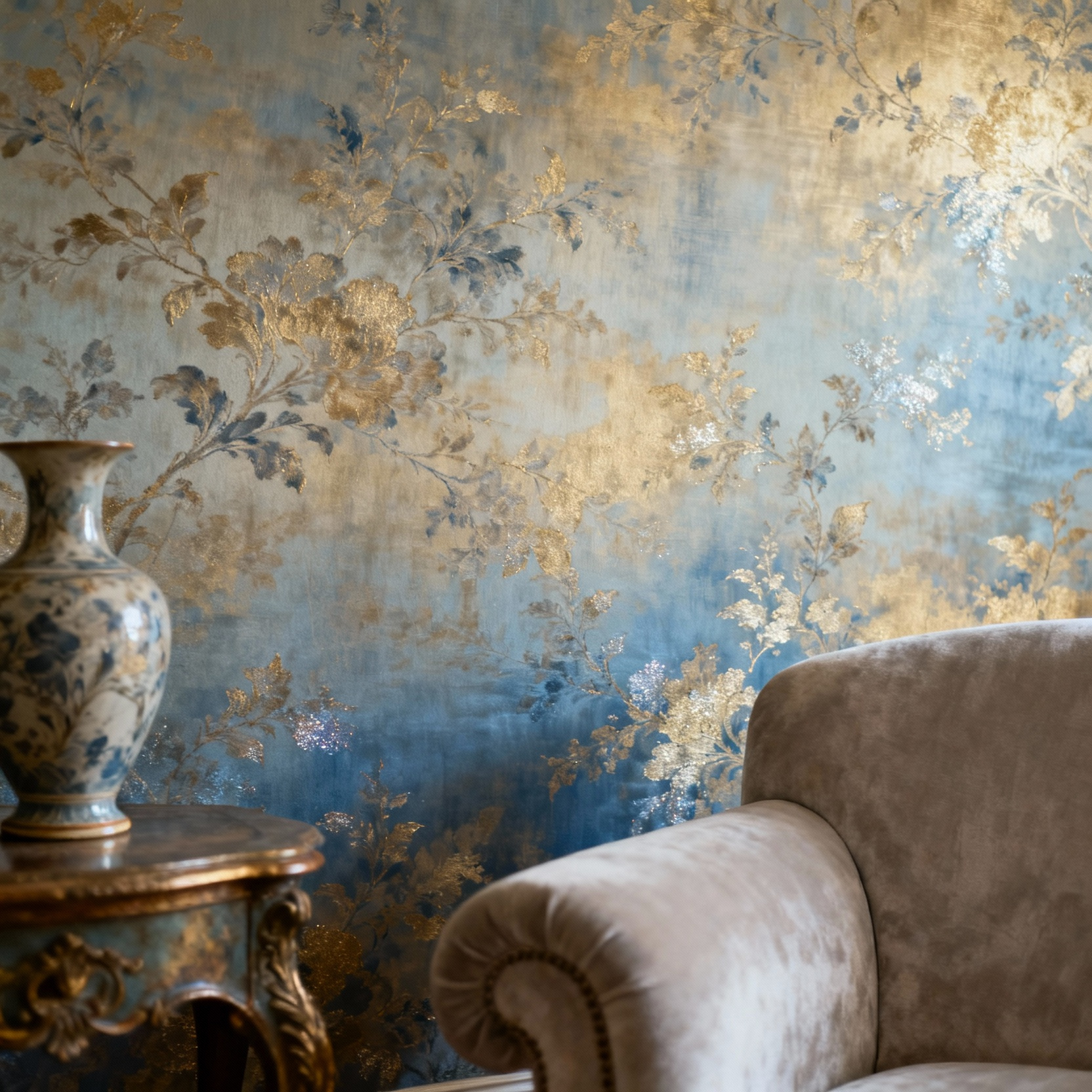 Luxurious bedroom with harmonious chromatic wallpaper, elegant interior design, serene atmosphere, curated color palette for well-being, peaceful sleep sanctuary.