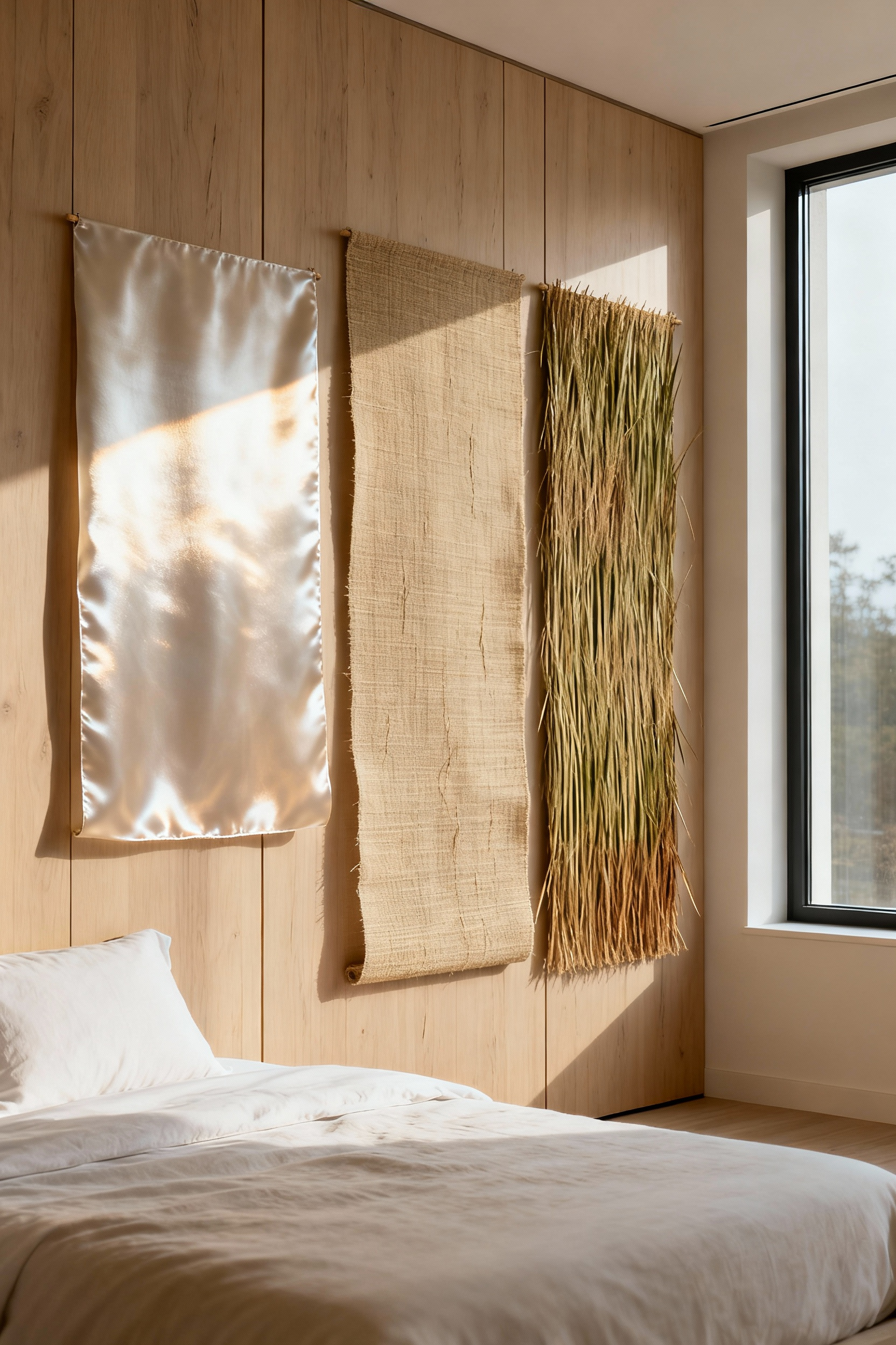 Arrangement of luxurious silk, linen, and grasscloth wallpaper samples showcasing their unique textures and how they reflect light in a bedroom setting.