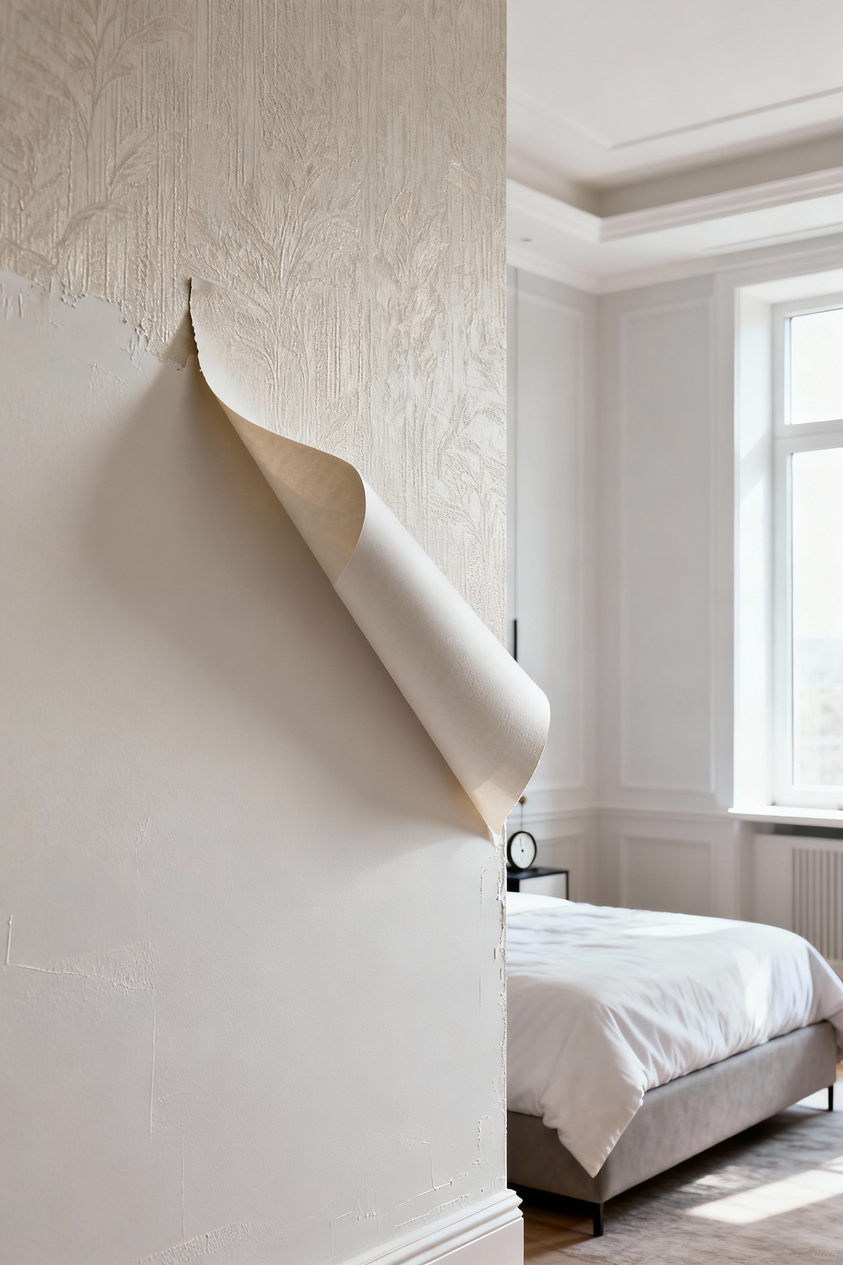 Bedroom wall showcasing demountable wallpaper being repositioned, emphasizing flexible design and easy application.