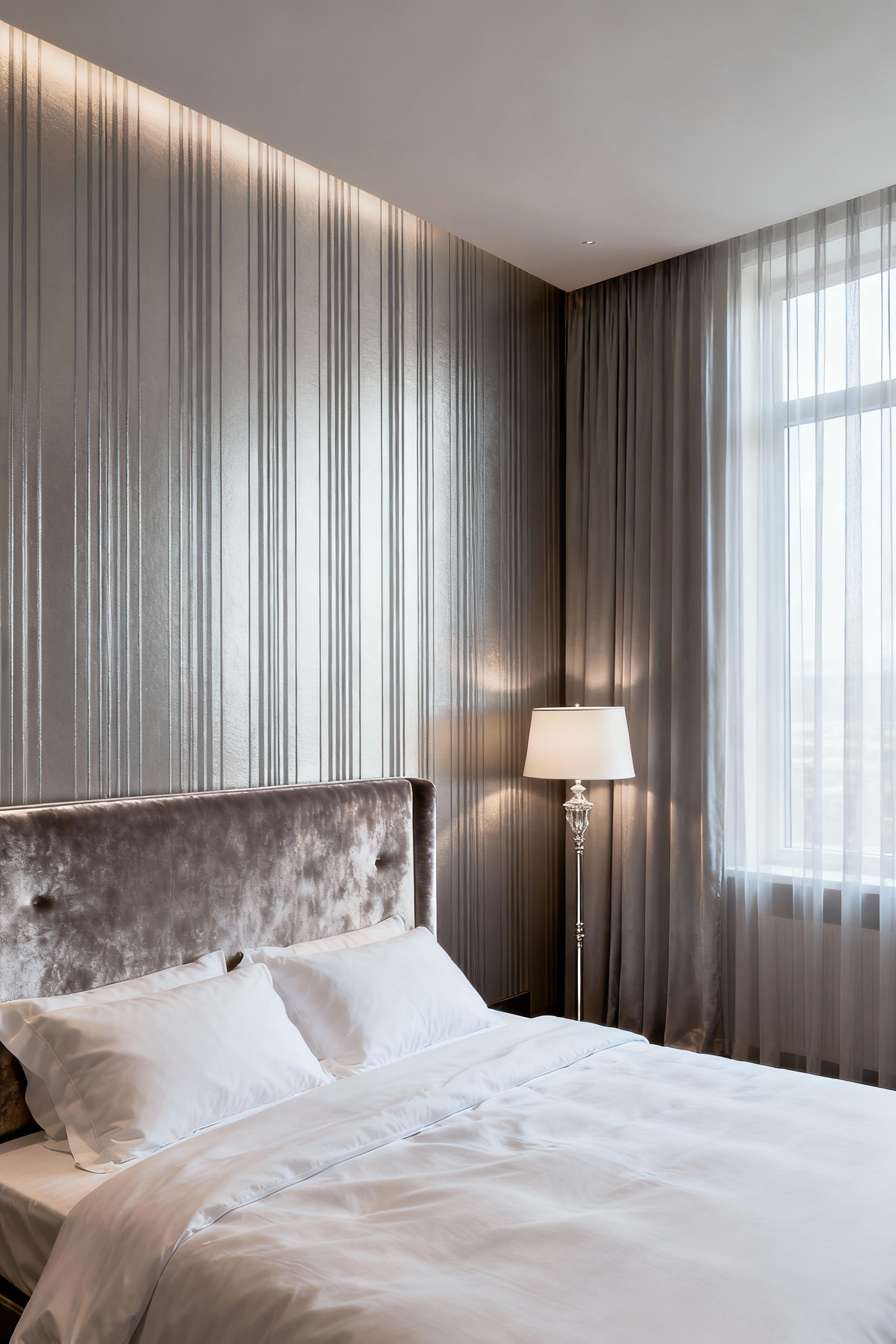 Opulent bedroom with vertical striped wallpaper that makes the ceiling appear taller, creating an illusion of grandeur.