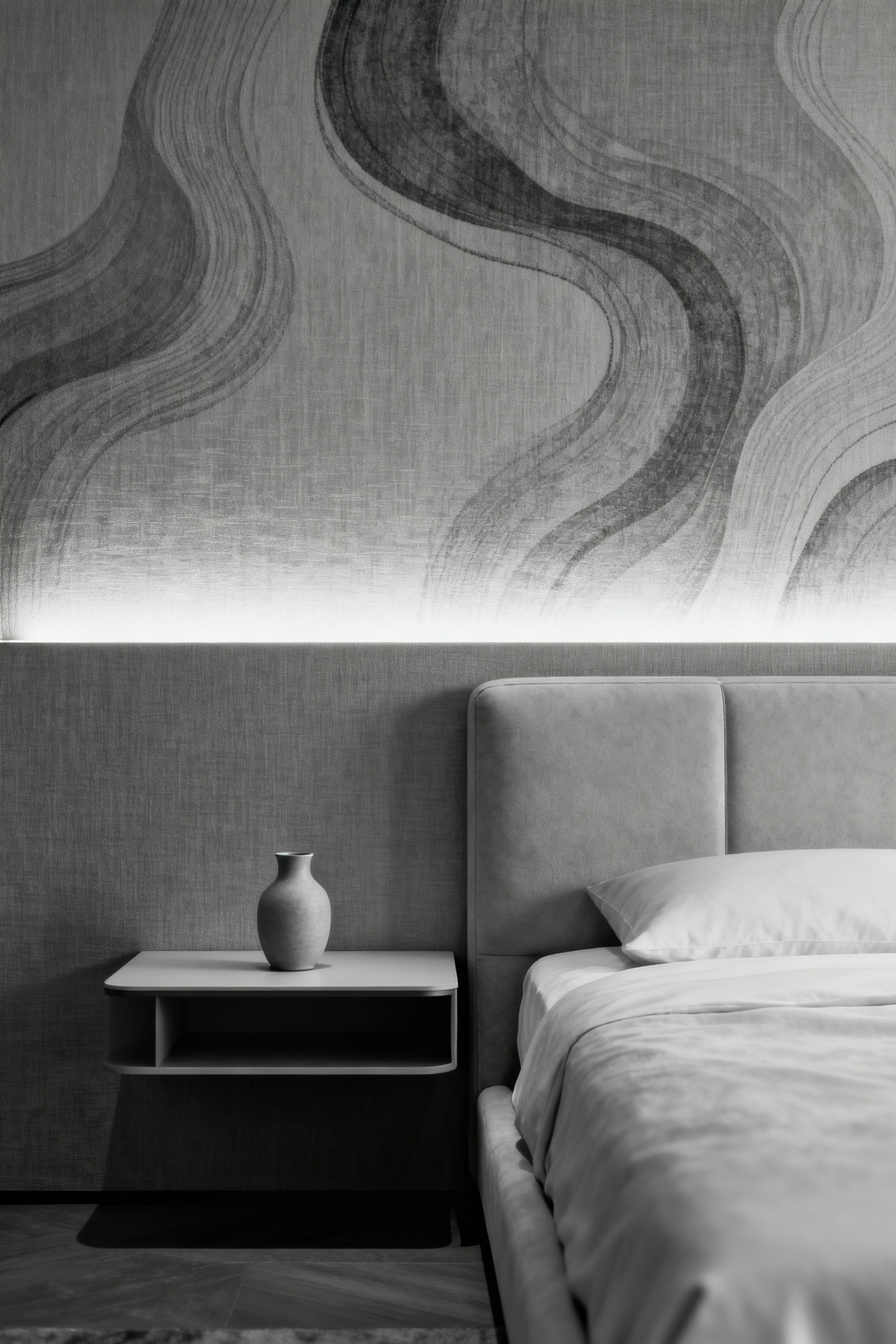 Luxurious bedroom with elegant fabric wallcovering and subtly integrated biometric lighting, showcasing advanced smart home aesthetics.