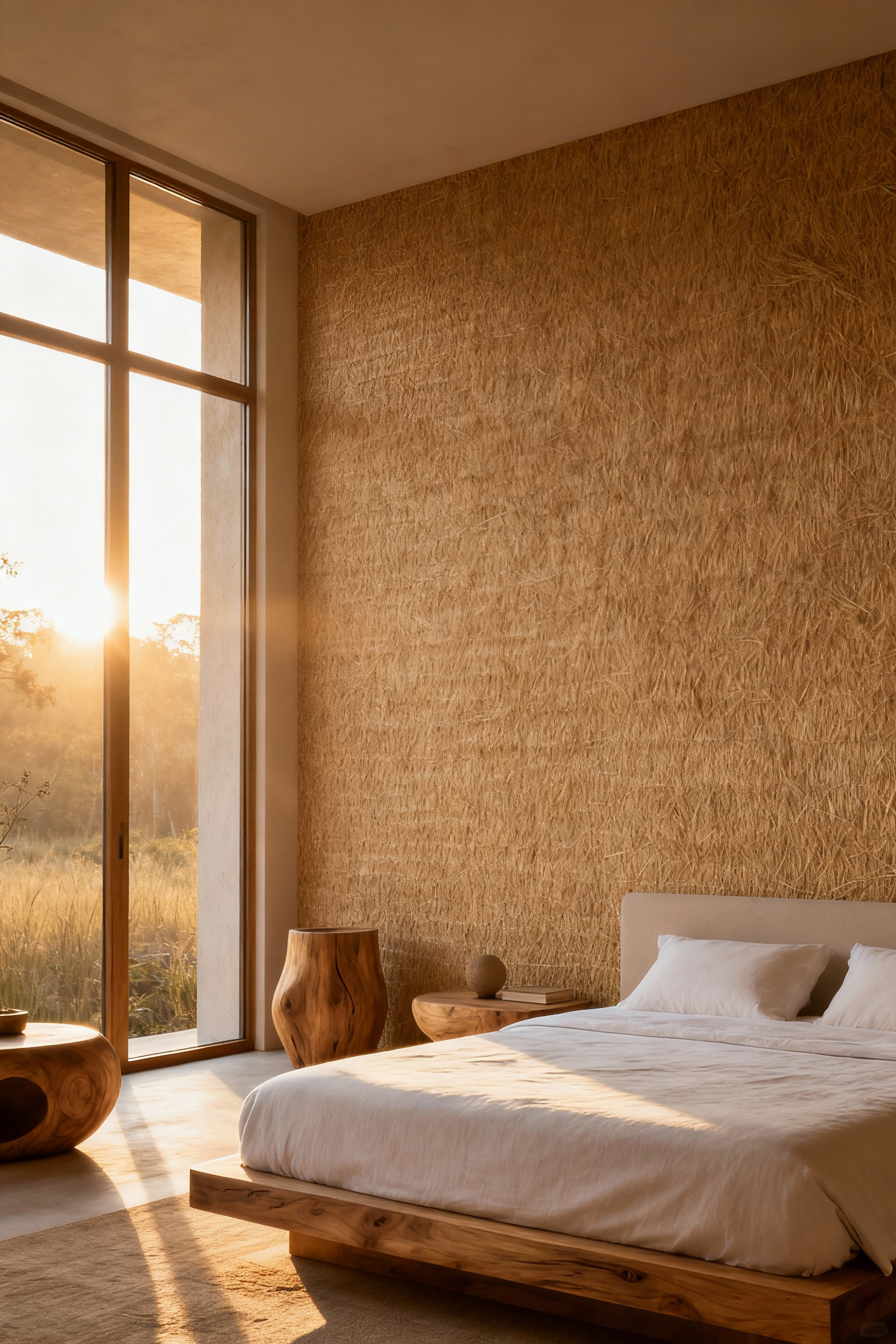 A beautifully lit bedroom with sustainable, natural fiber wallpaper on a feature wall, emphasizing organic textures and a healthy environment.