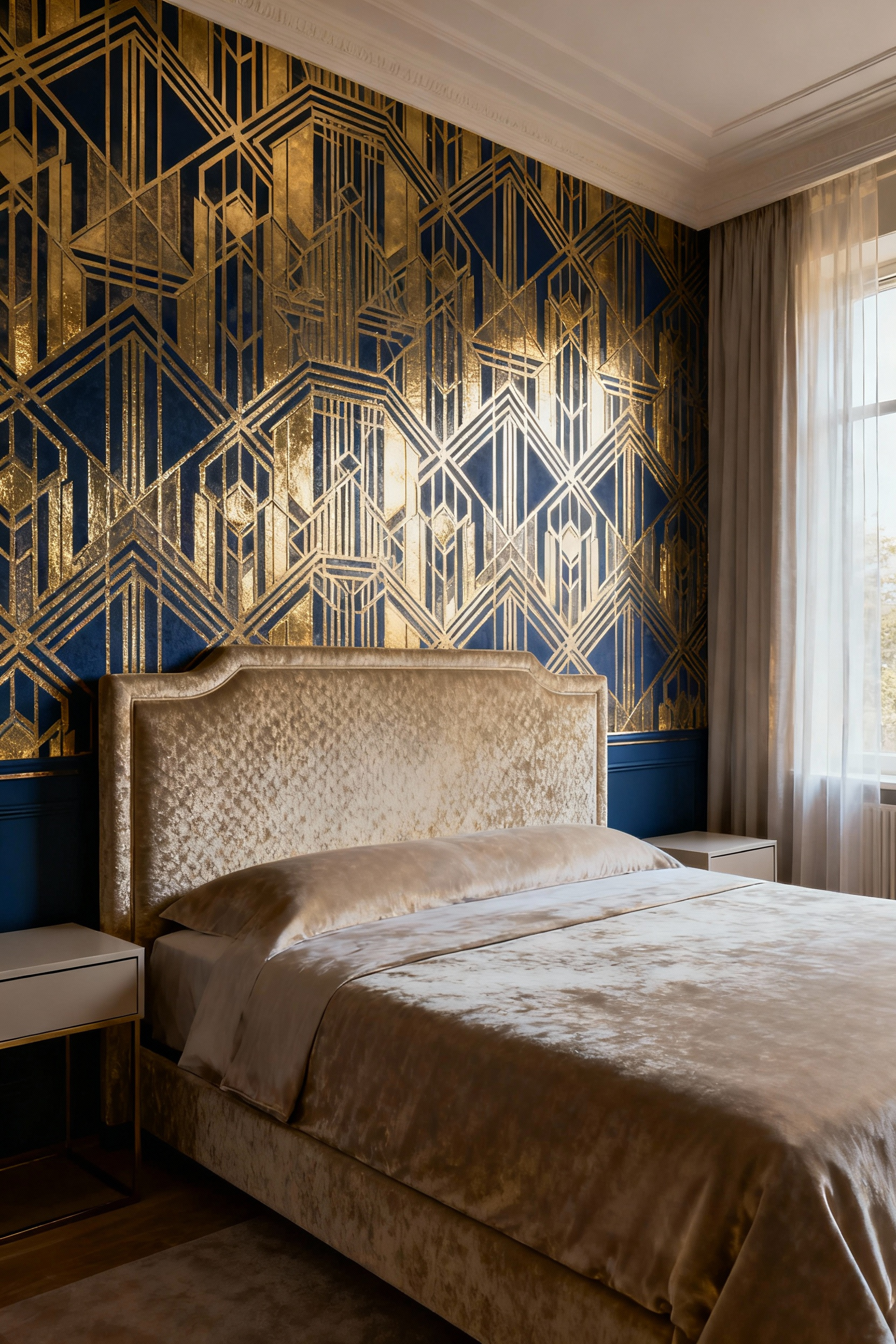 Luxurious Art Deco bedroom with geometric gold and sapphire wallpaper on a feature wall, illustrating timeless design alignment.